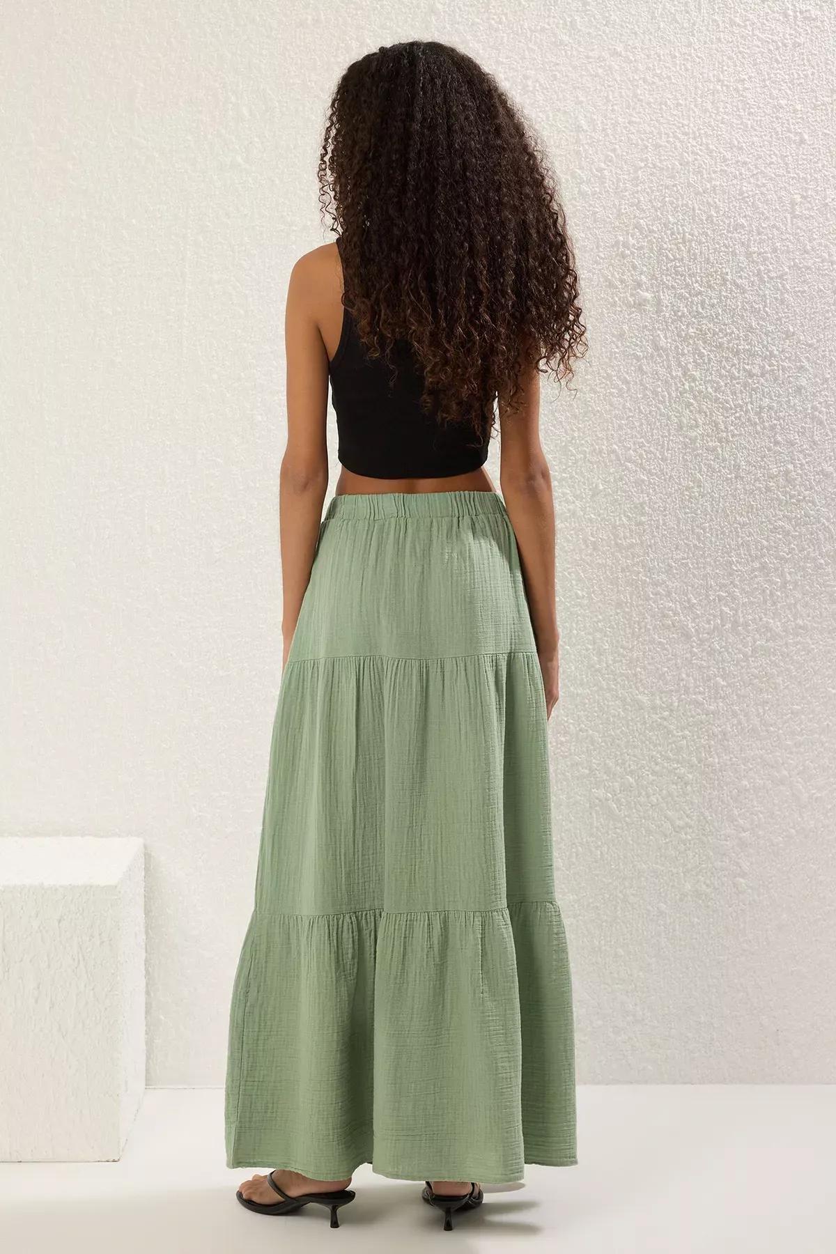 Light Khaki 100% Cotton Muslin Long Maxi Skirt TWOSS25ET00174, Light Khaki, large image number 3