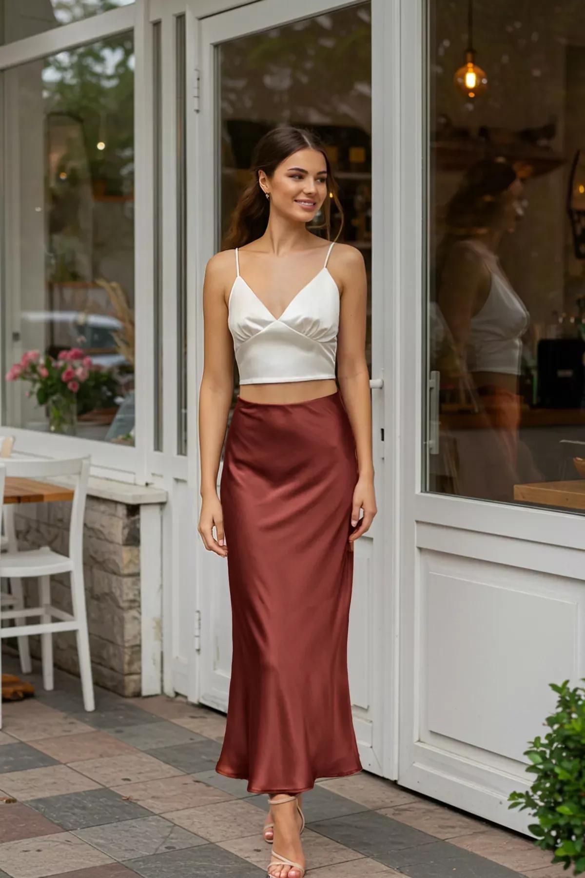 Red Fish Tail Satin Skirt, Burgundy, large image number 0