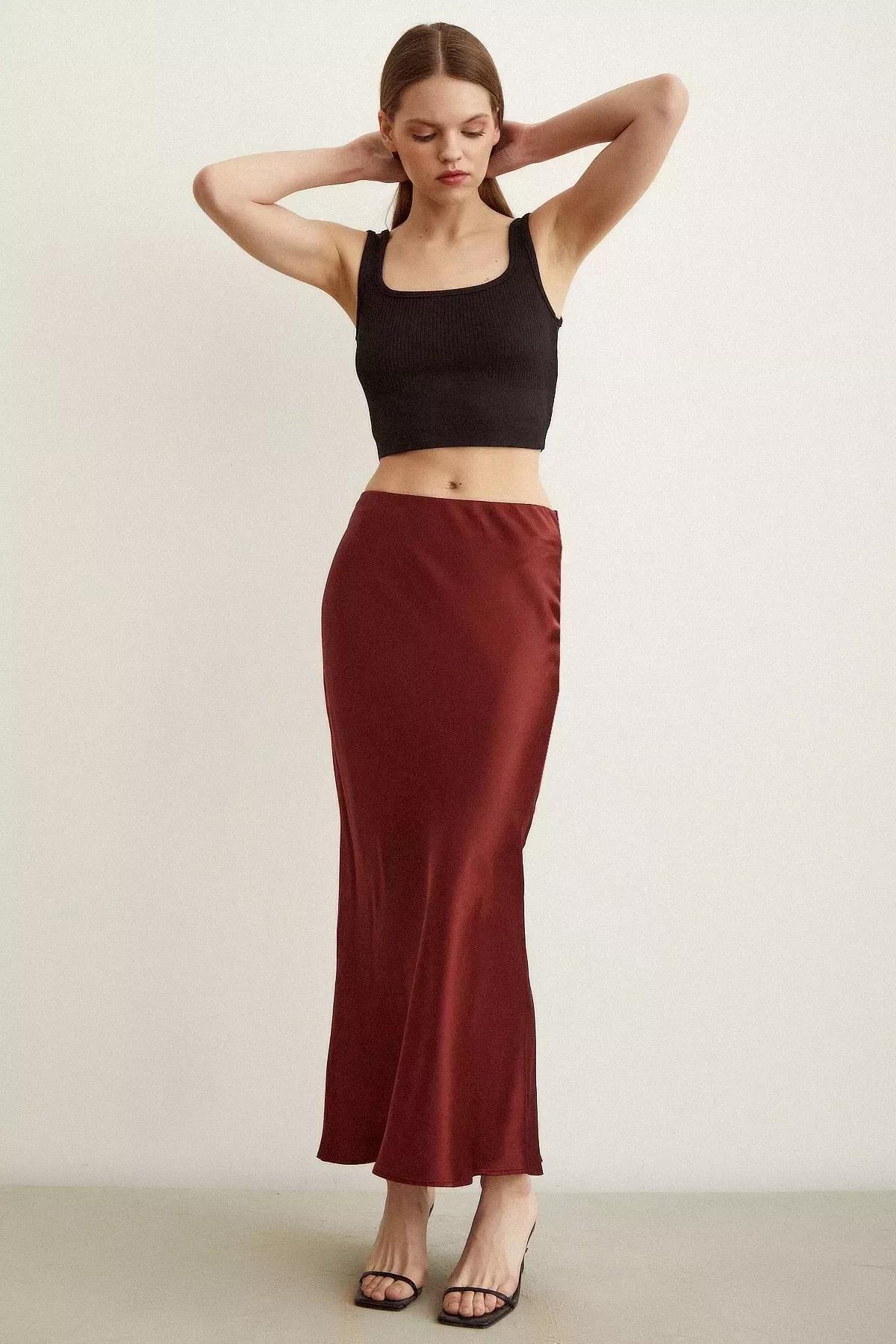 Red Fish Tail Satin Skirt, Burgundy, large image number 1