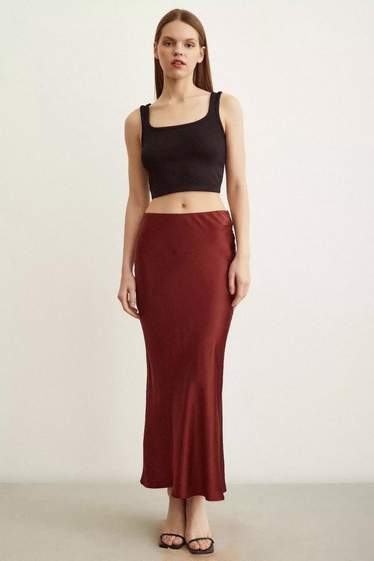 Red Fish Tail Satin Skirt, Burgundy, large image number 2