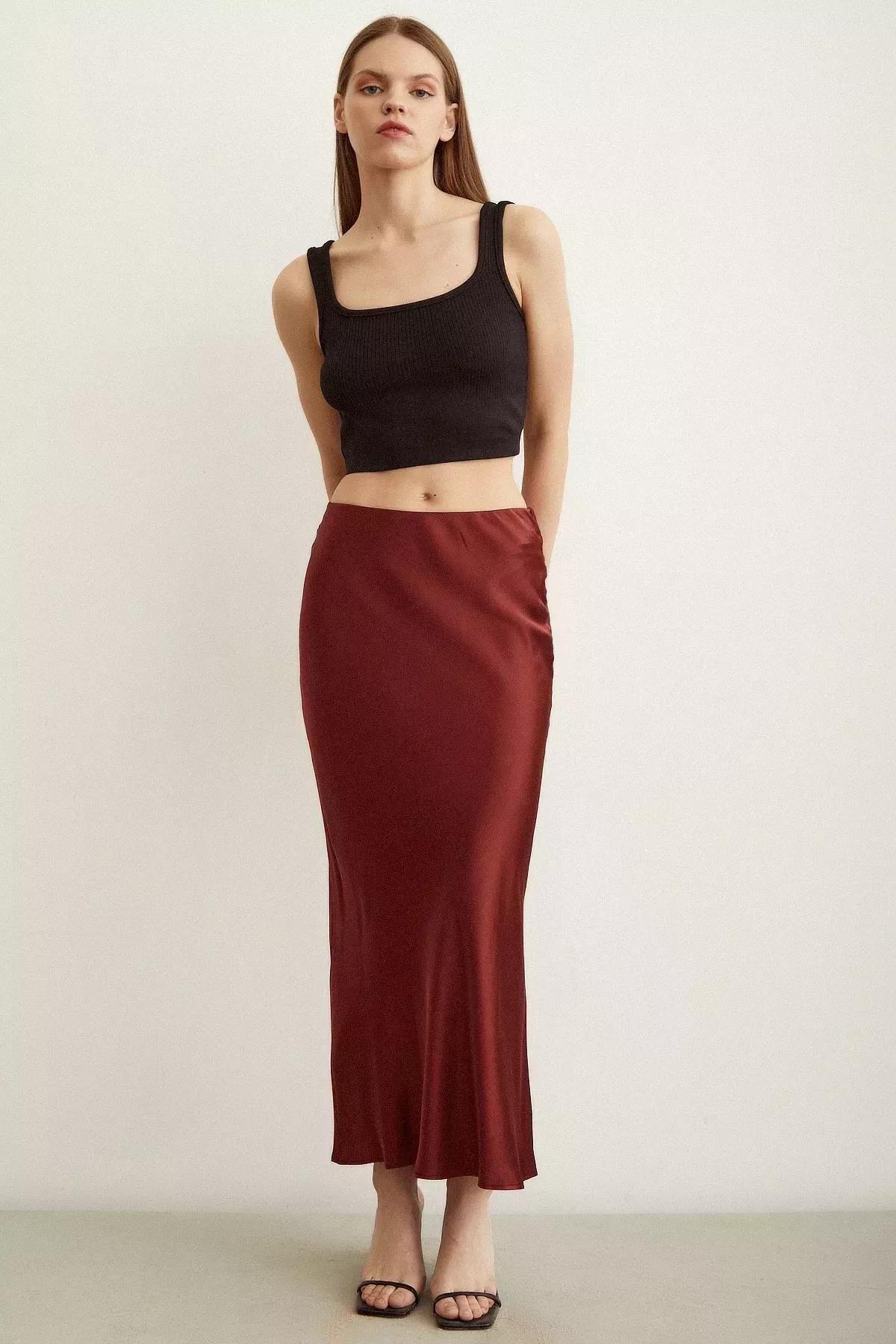 Red Fish Tail Satin Skirt, Burgundy, large image number 3