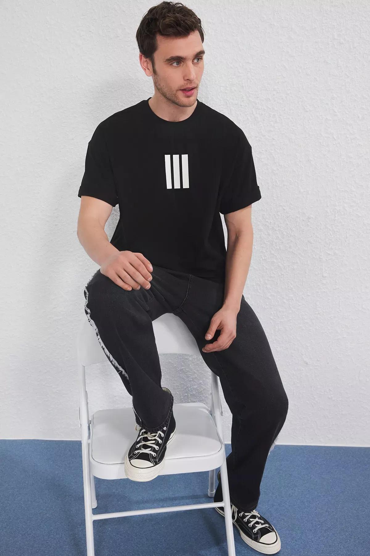 Beige Black Oversize Cut T-Shirt, Ecru-Black, large image number 4