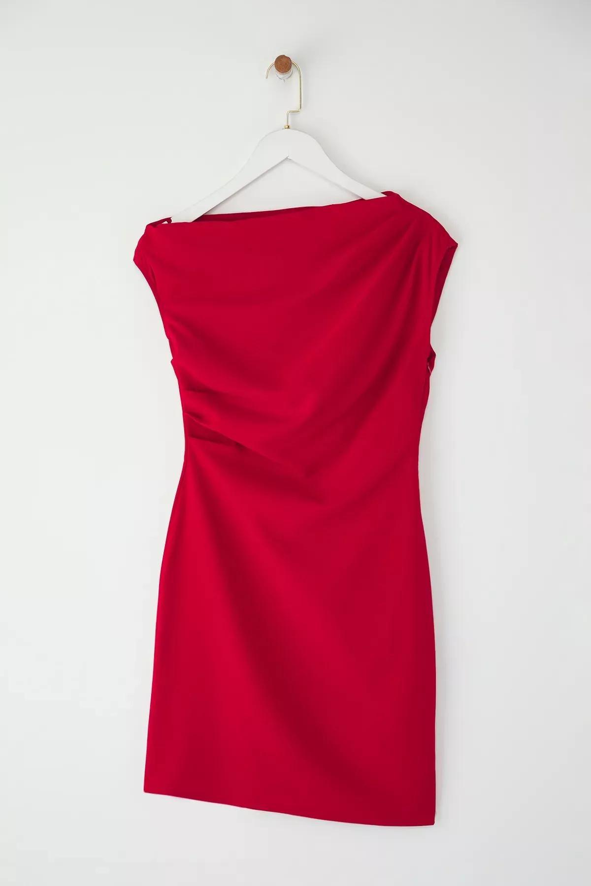 Red Plain Mini Dress, Red, large image number 4