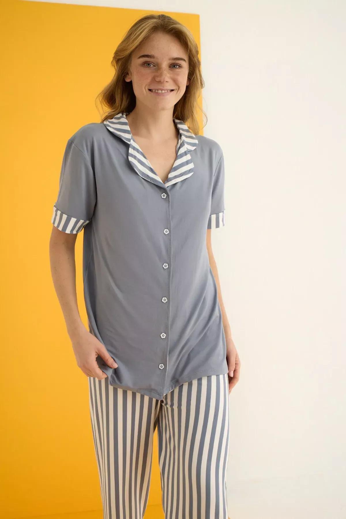 Grey  Striped Pajama Set, Grey, large image number 0