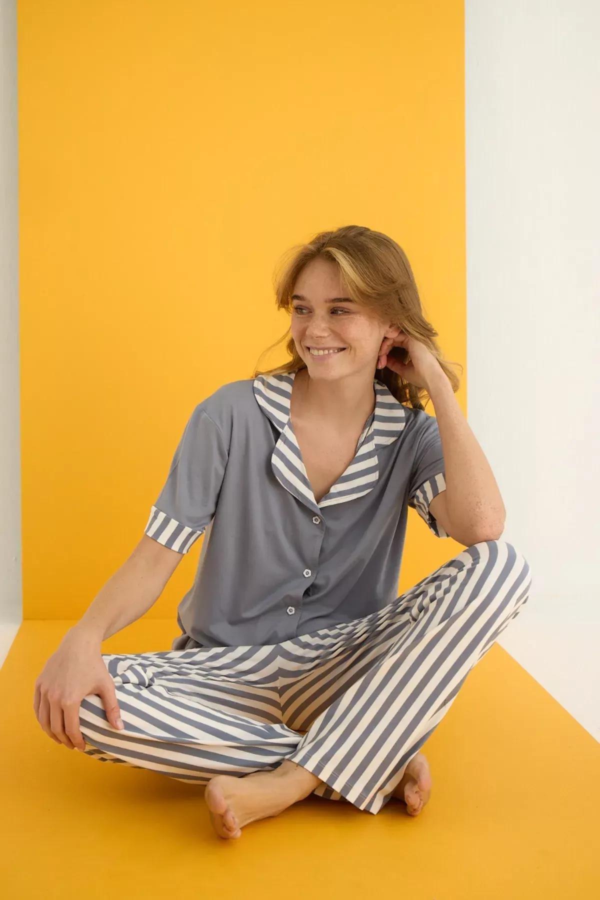 Grey  Striped Pajama Set, Grey, large image number 1