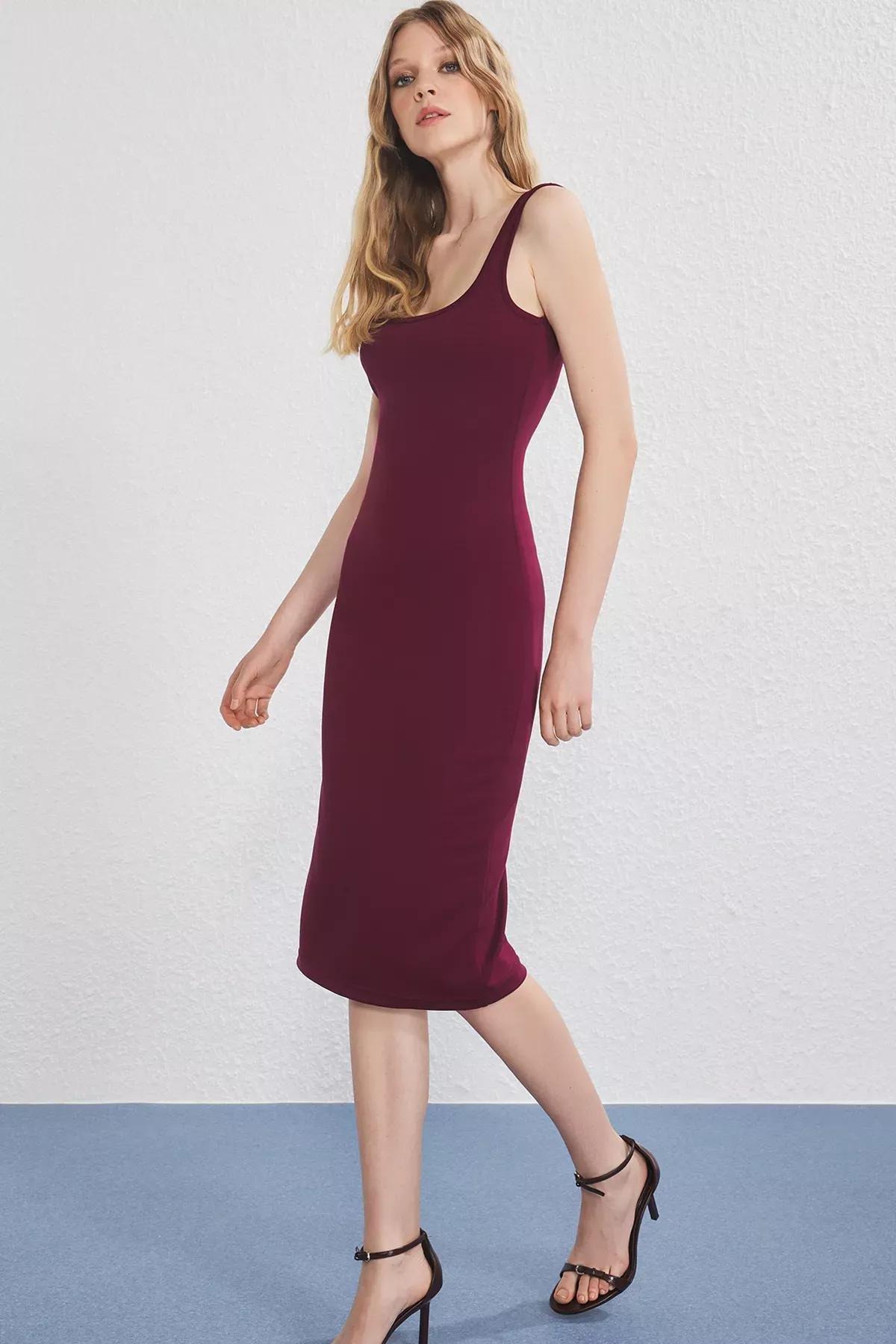 Maroon Midi Bodycone/Body Fitted Knitted Dress TWOSS25EL00774, Burgundy, large image number 0