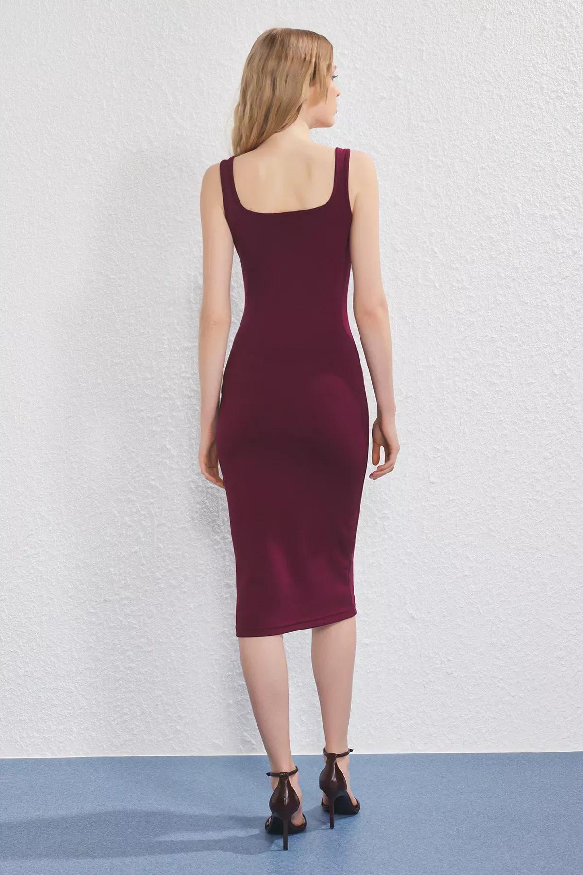 Maroon Midi Bodycone/Body Fitted Knitted Dress TWOSS25EL00774, Burgundy, large image number 3