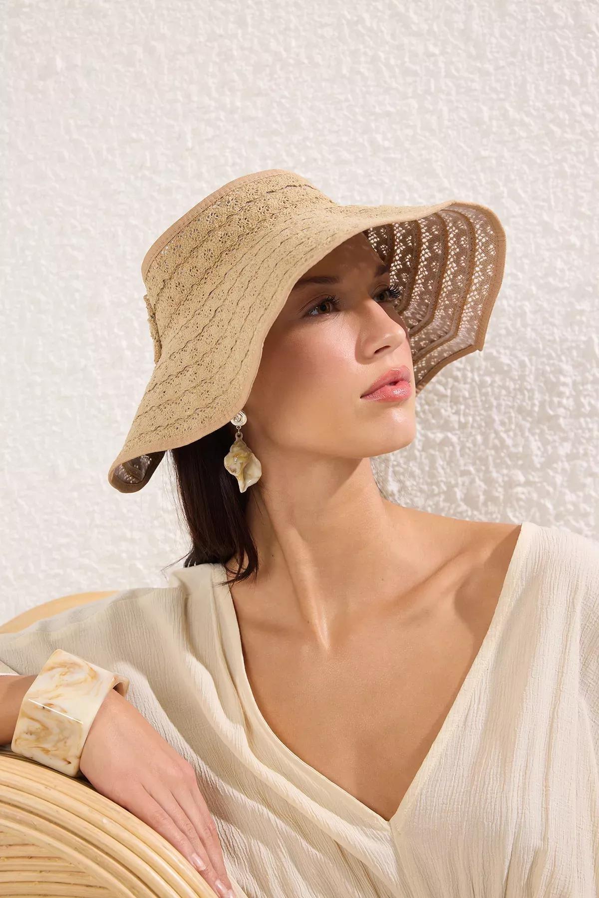 Beige Ribbon Detail Straw Hat, Beige, large image number 0