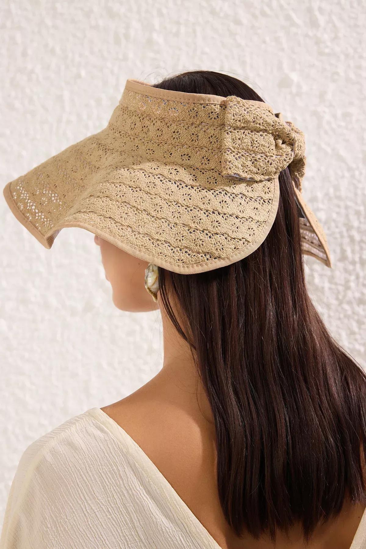 Beige Ribbon Detail Straw Hat, Beige, large image number 1
