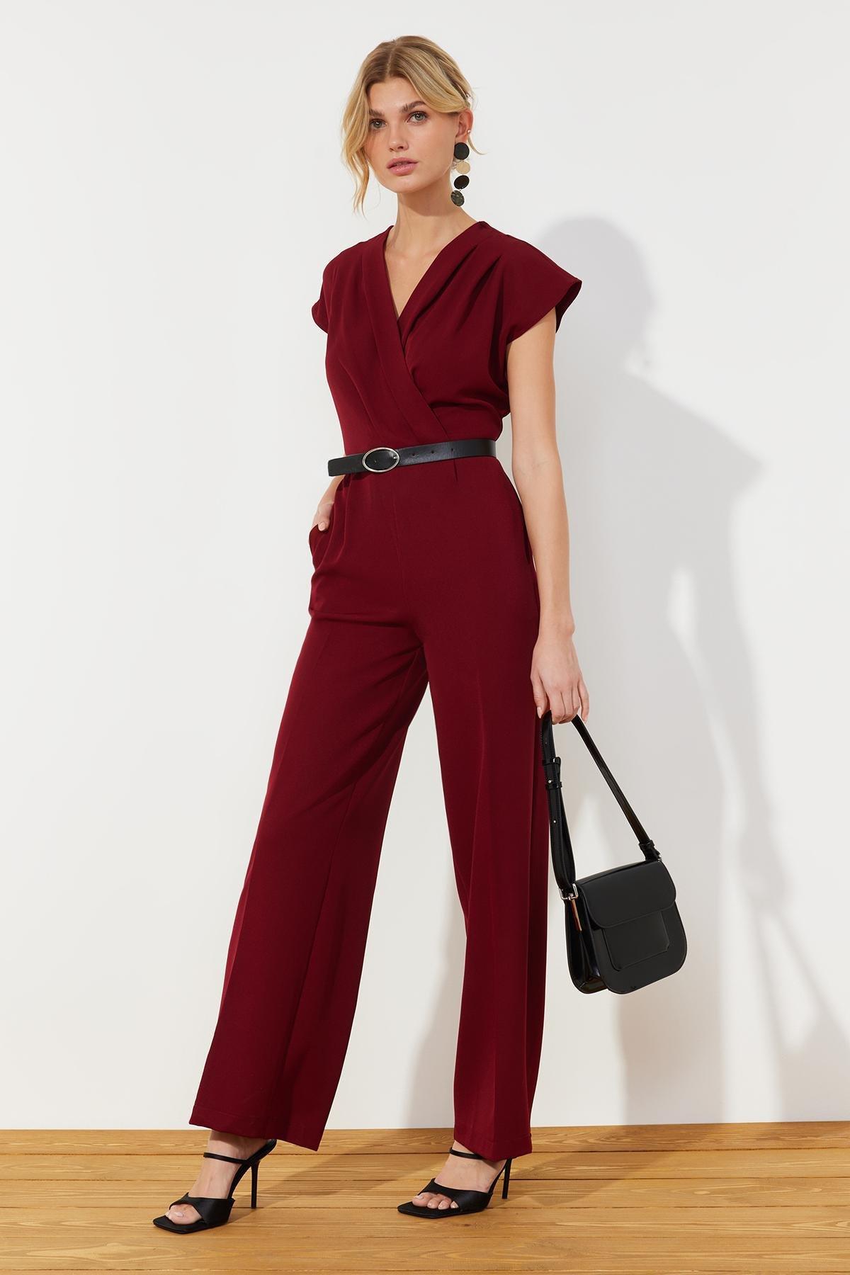 Red Belted Double-Breasted Maxi Jumpsuit, , large image number 0