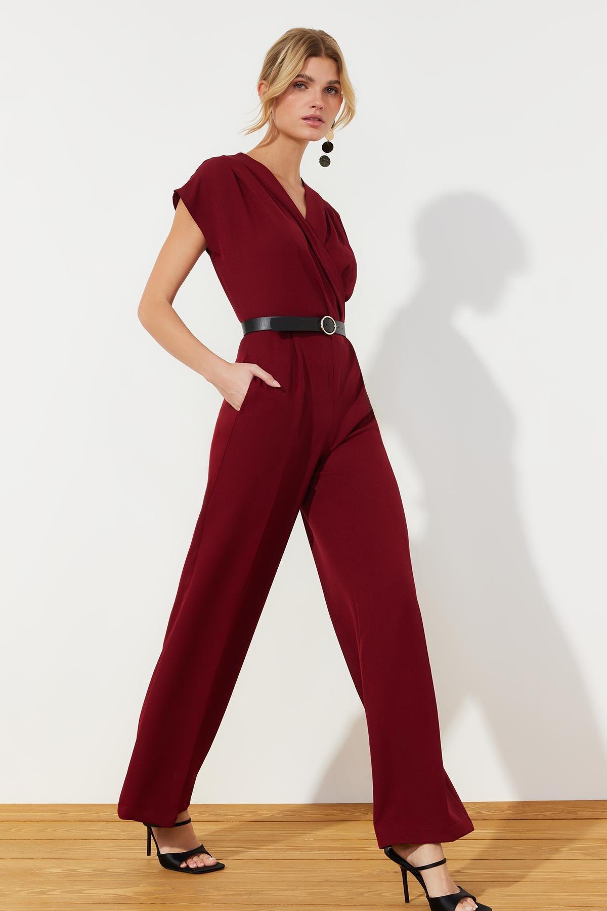 Red Belted Double-Breasted Maxi Jumpsuit, , large image number 1
