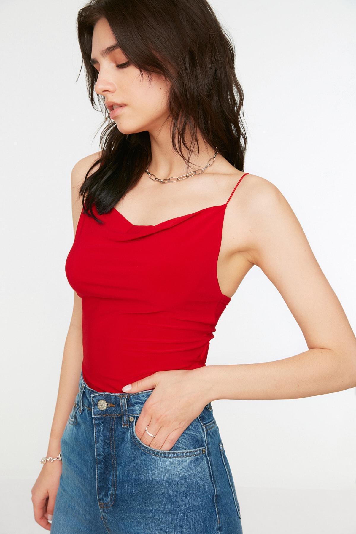 Red Slim Cowl Neck Blouse, , large image number 0