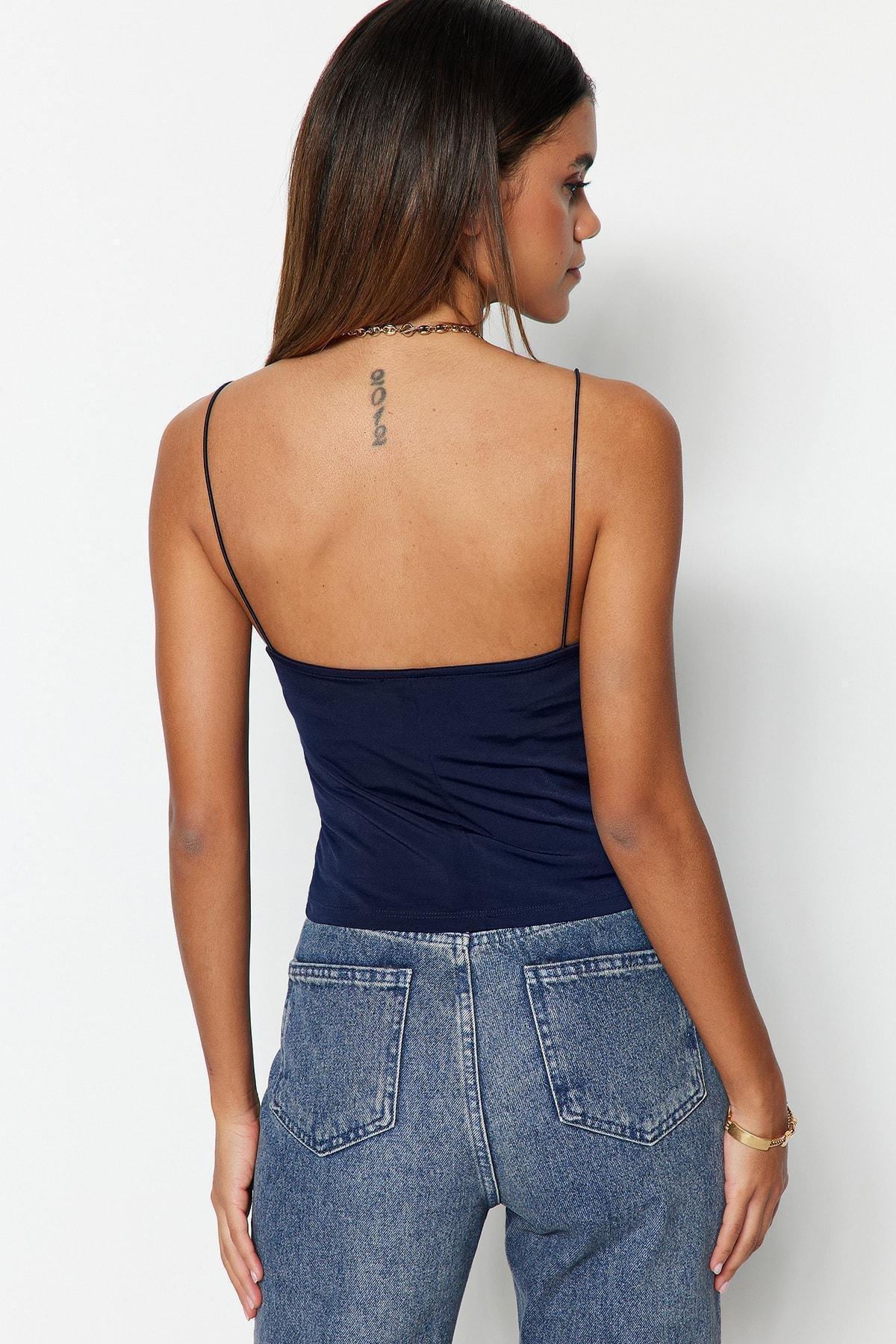 Navy Cowl Neck Slim Blouse, Dark blue, large image number 5