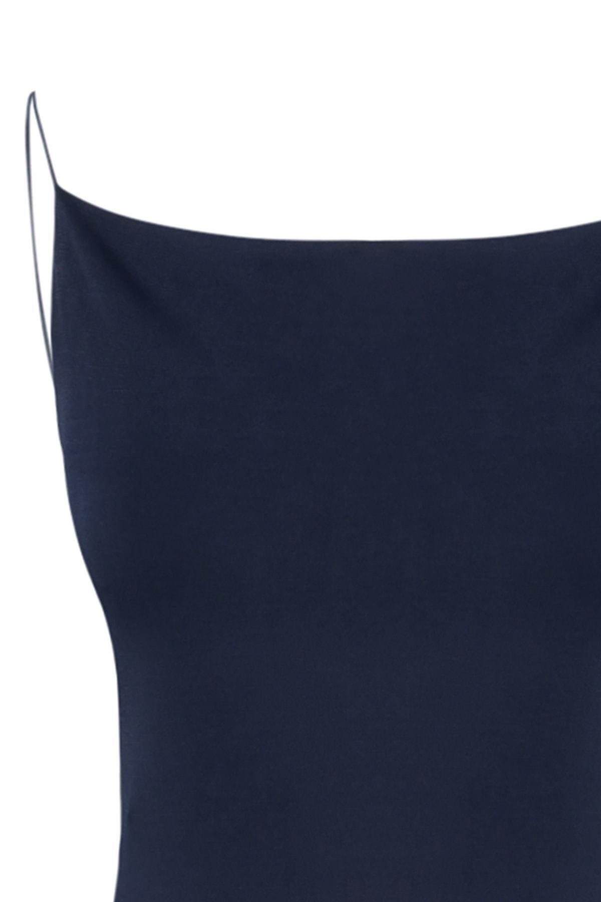 Navy Cowl Neck Slim Blouse, Dark blue, large image number 7