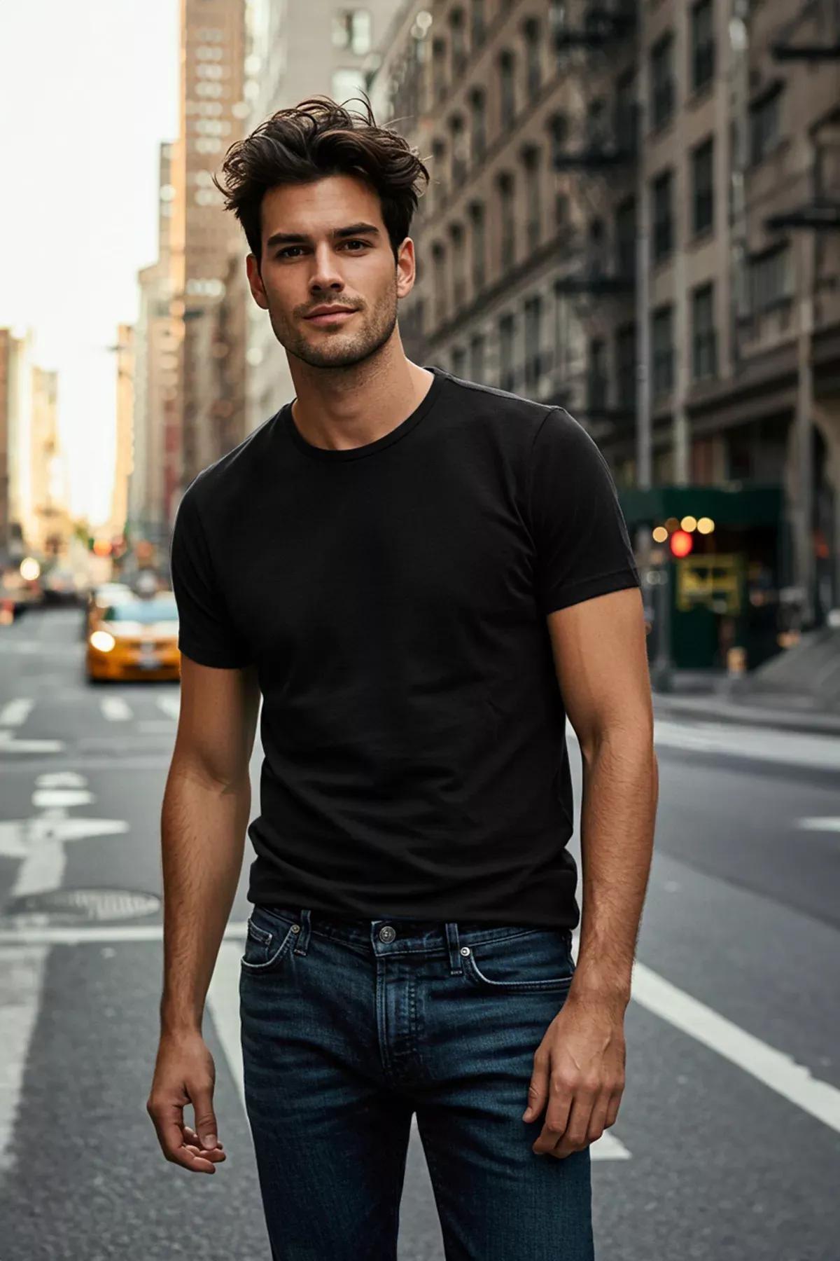 Black Regular Crew Neck Tshirt, Black, medium