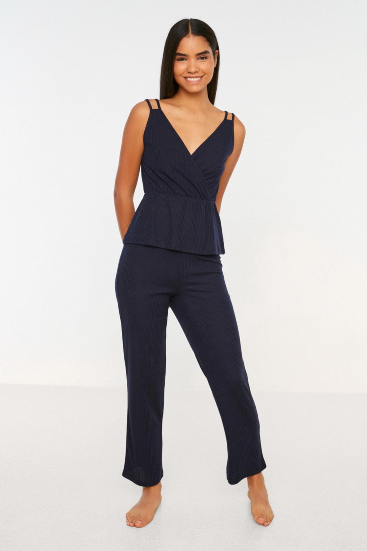 Navy Sleeveless V-Neck Pajama Set, , large image number 0