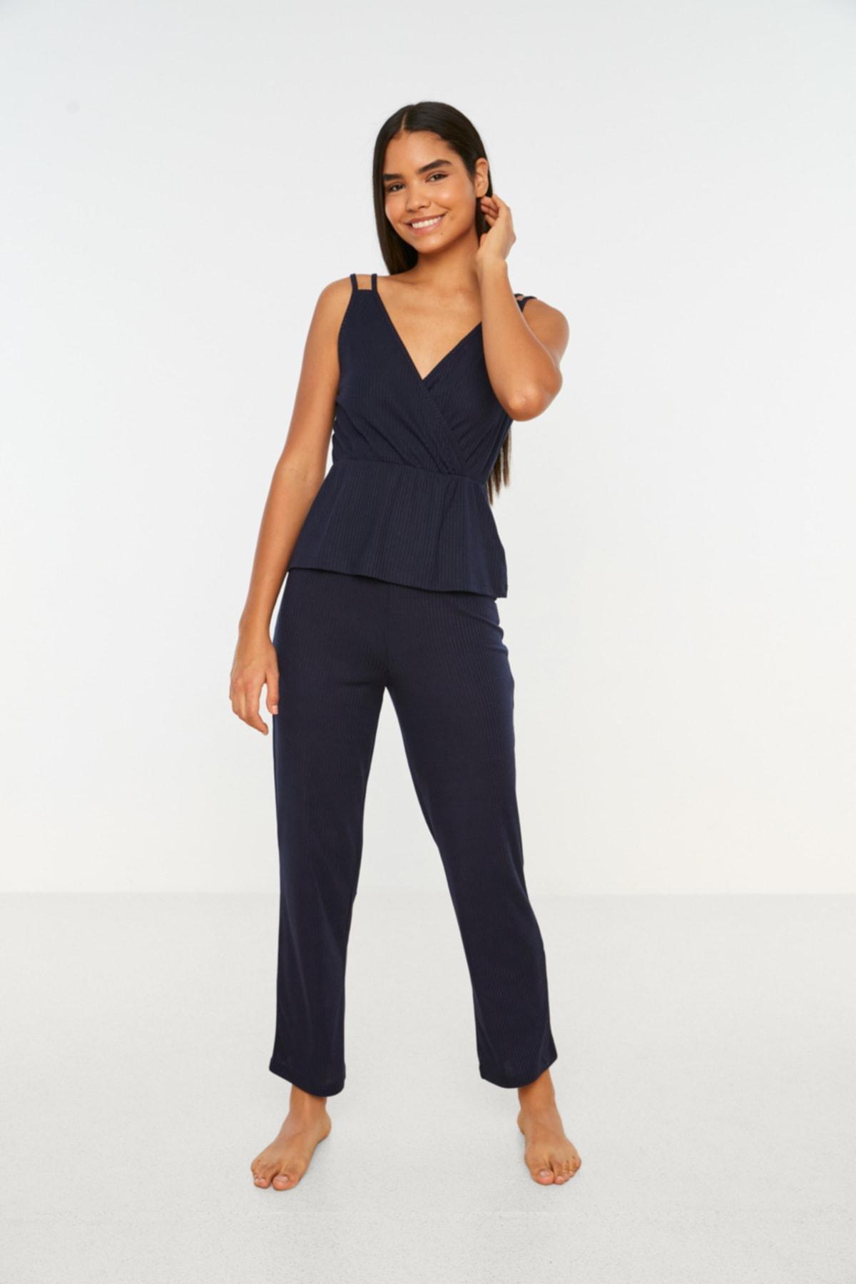 Navy Sleeveless V-Neck Pajama Set, , large image number 1