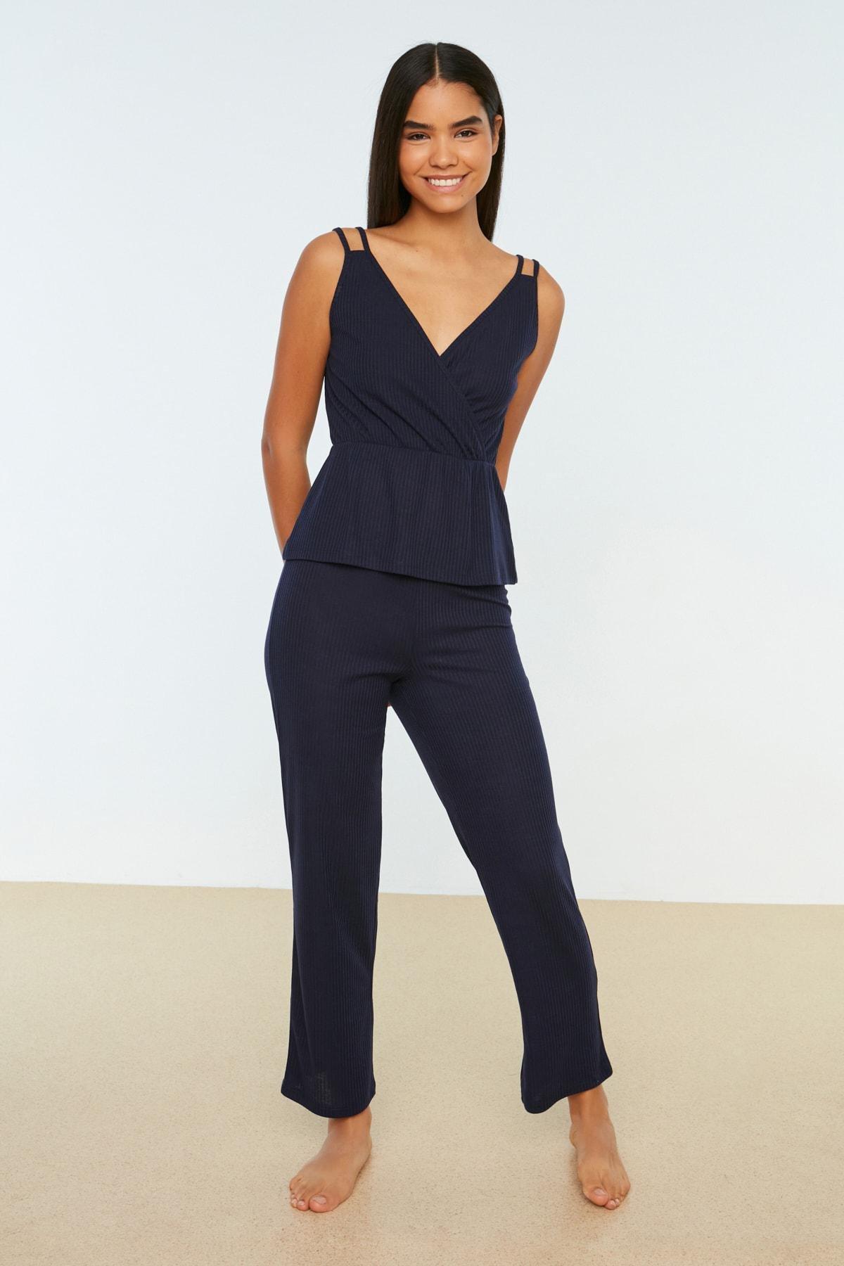 Navy Sleeveless V-Neck Pajama Set, , large image number 7