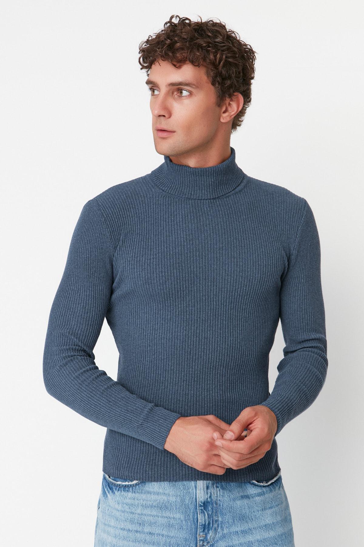 Navy Blue Slim Fit Cotton Turtleneck Ribbed Knit Sweater TMNAW20MG0031, single, , large image number 0