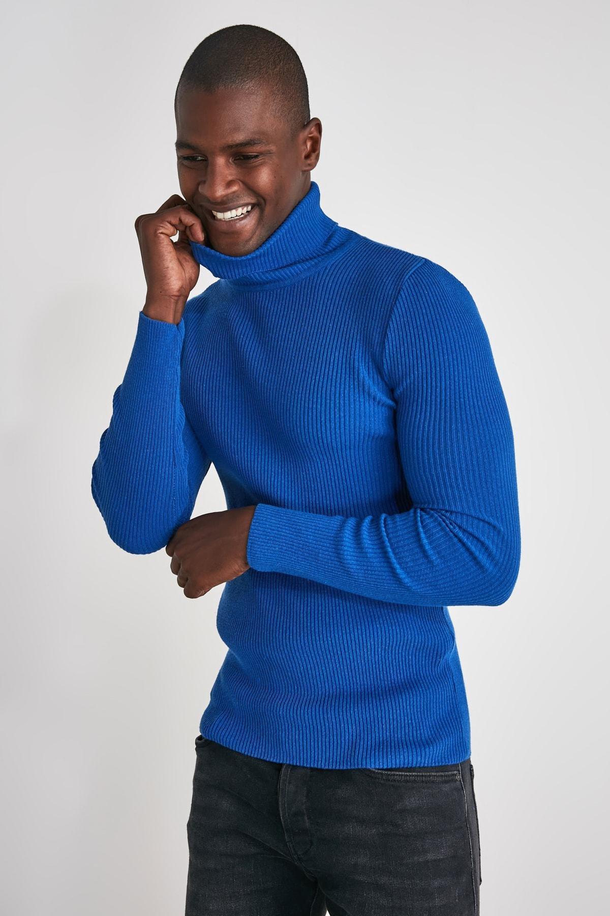 Navy Blue Slim Fit Cotton Turtleneck Ribbed Knit Sweater TMNAW20MG0031, single, , large image number 1
