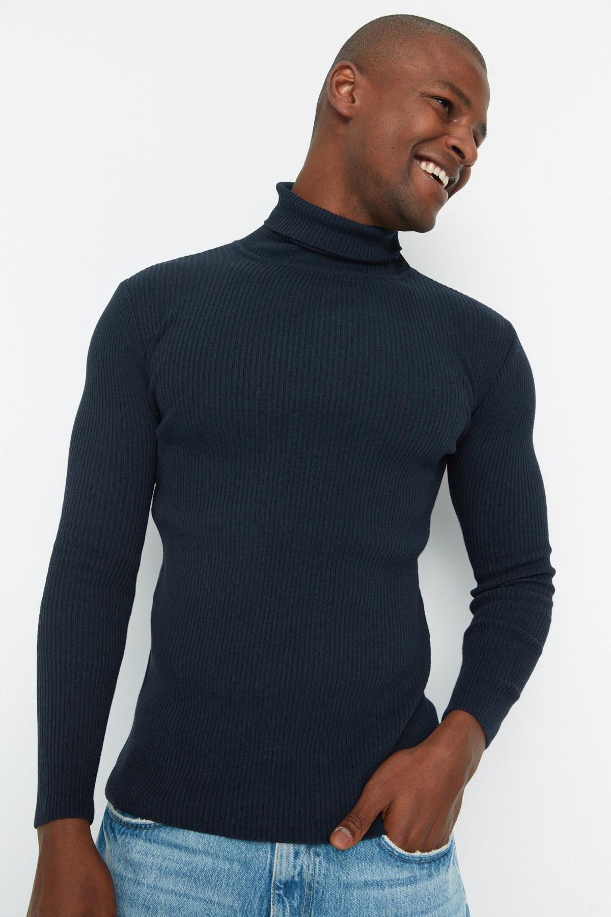 Navy Blue Slim Fit Cotton Turtleneck Ribbed Knit Sweater TMNAW20MG0031, single, , large image number 2