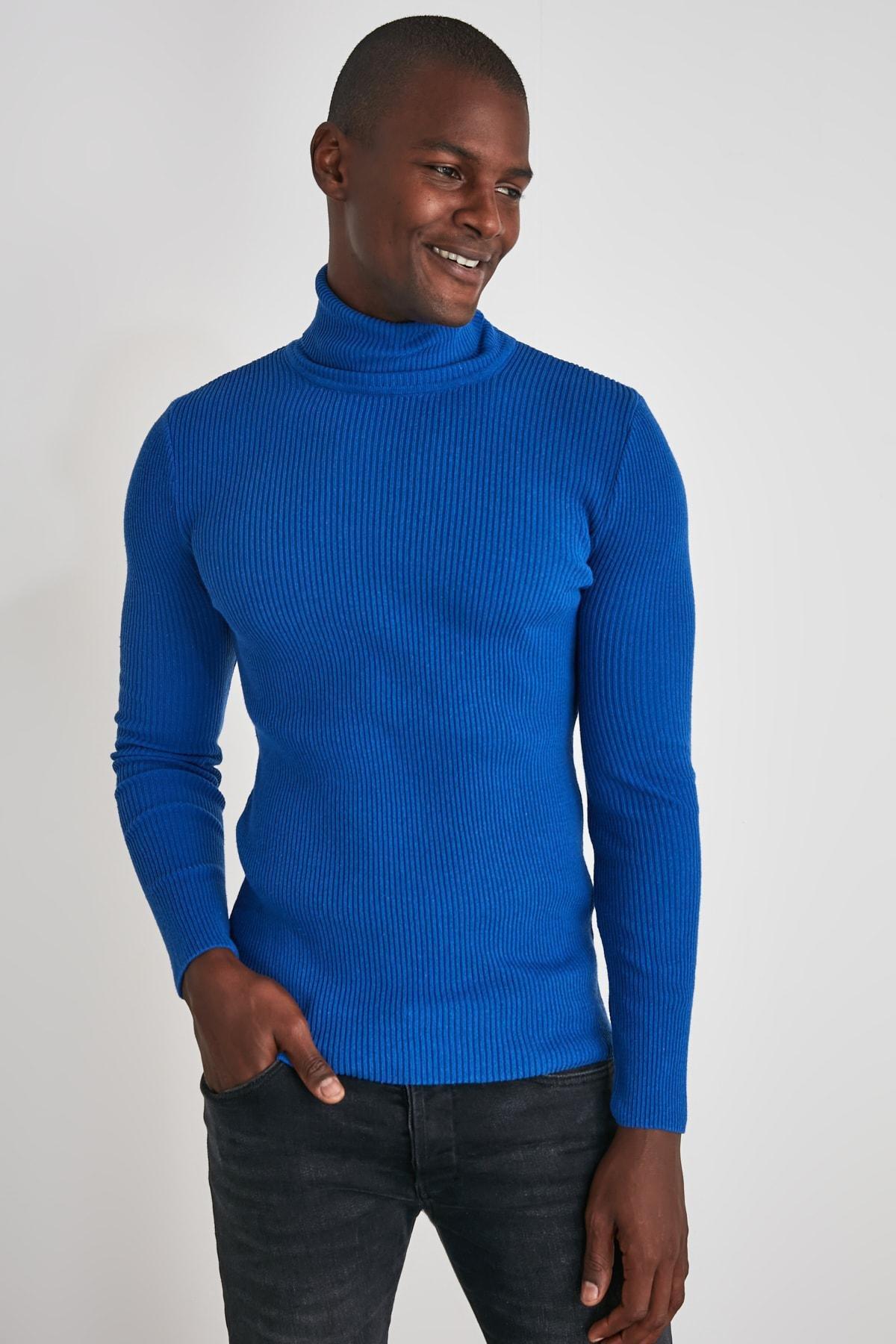 Navy Blue Slim Fit Cotton Turtleneck Ribbed Knit Sweater TMNAW20MG0031, single, , large image number 3
