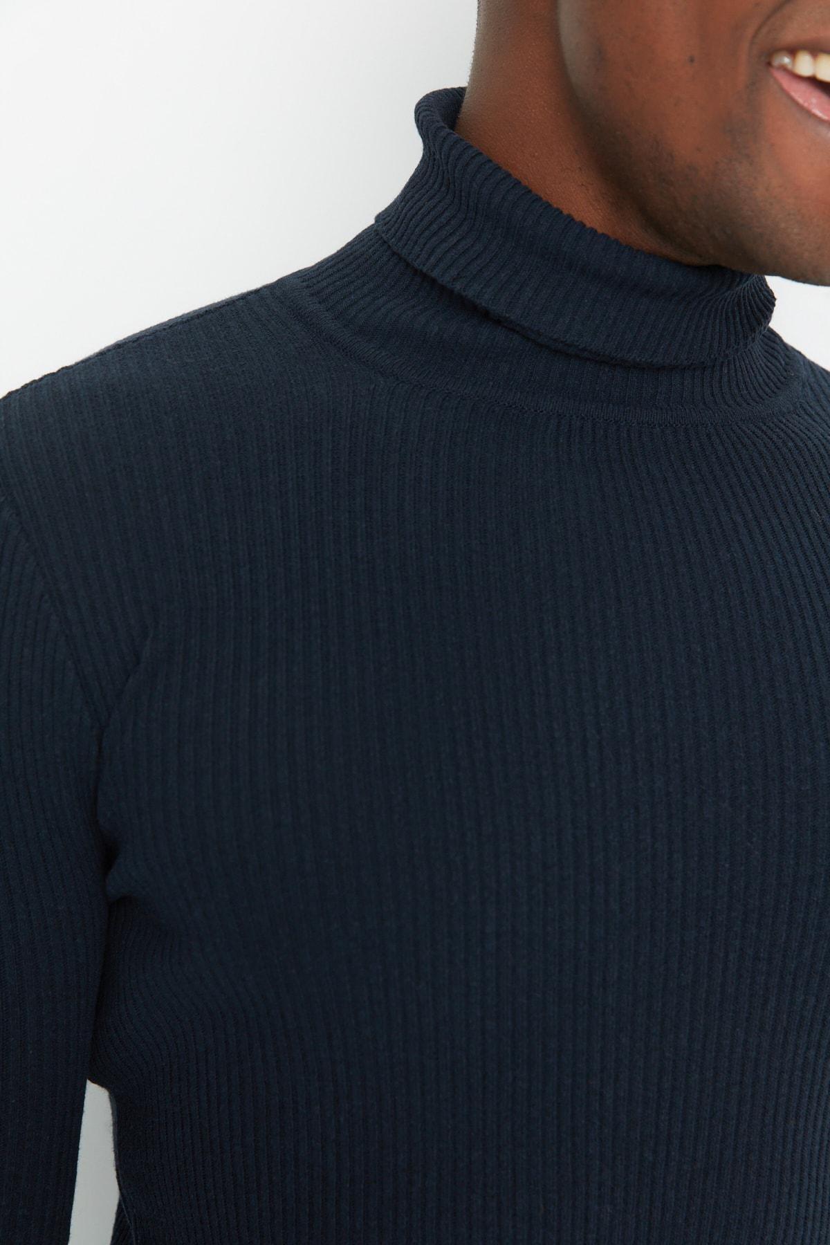 Navy Blue Slim Fit Cotton Turtleneck Ribbed Knit Sweater TMNAW20MG0031, single, , large image number 4