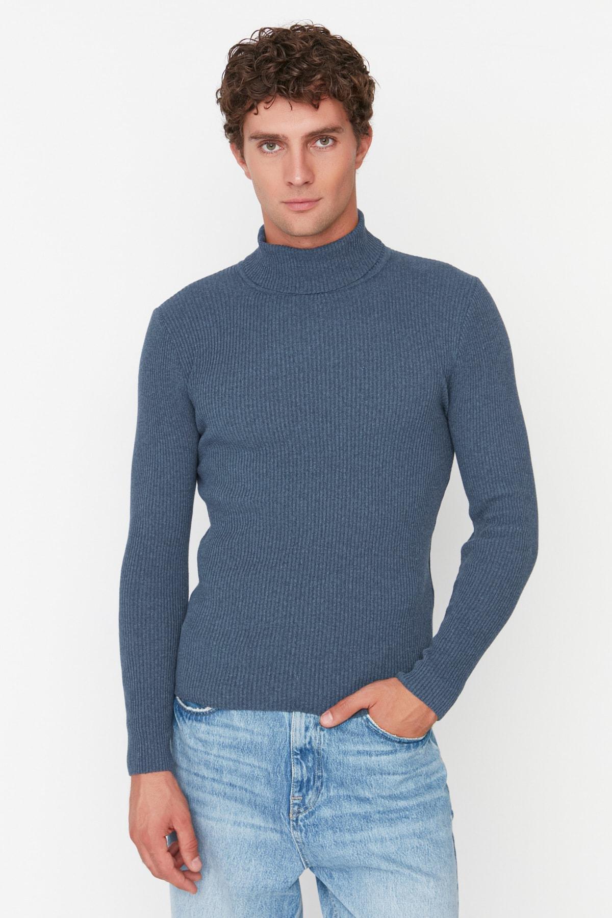 Navy Blue Slim Fit Cotton Turtleneck Ribbed Knit Sweater TMNAW20MG0031, single, , large image number 5
