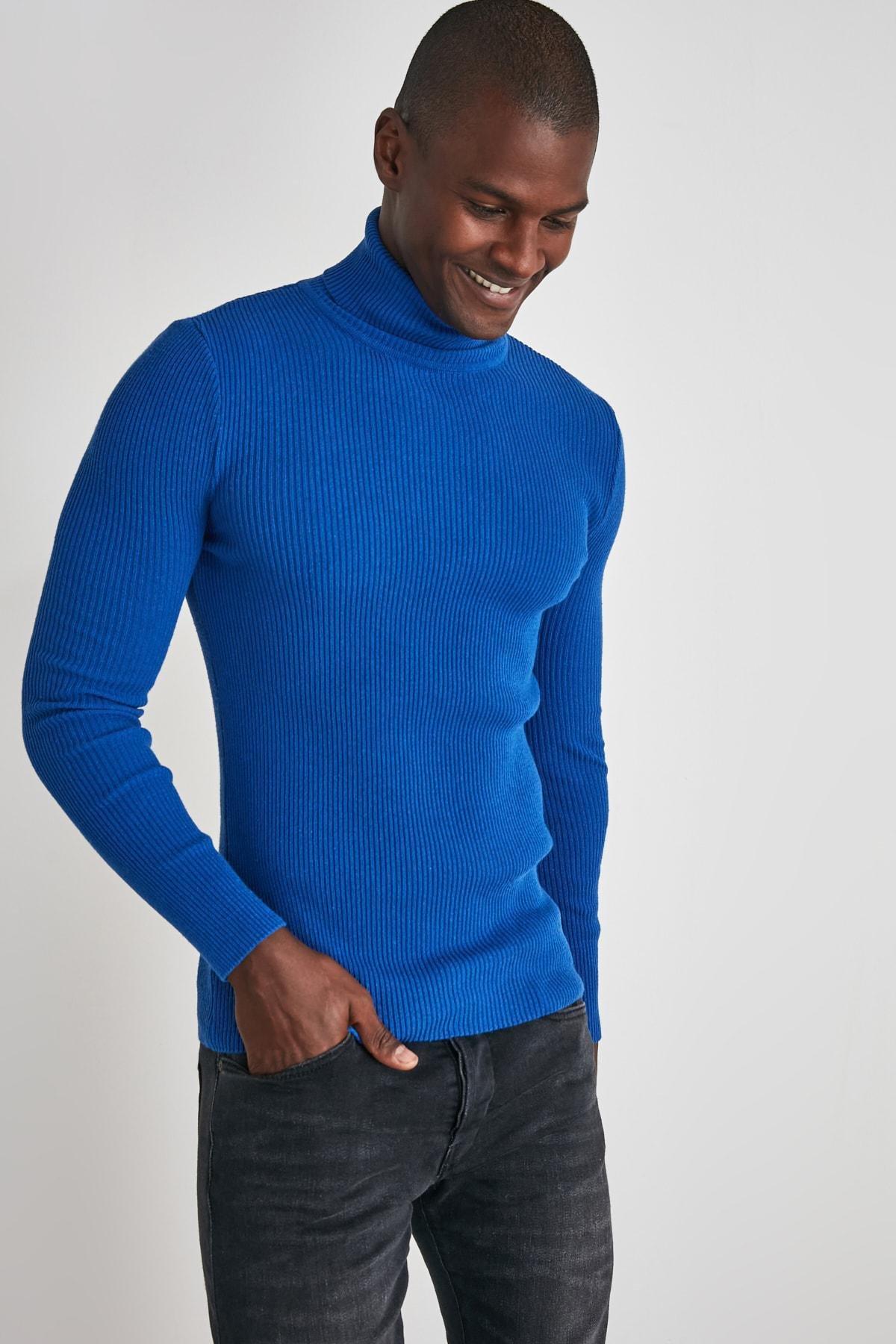 Navy Blue Slim Fit Cotton Turtleneck Ribbed Knit Sweater TMNAW20MG0031, single, , large image number 6