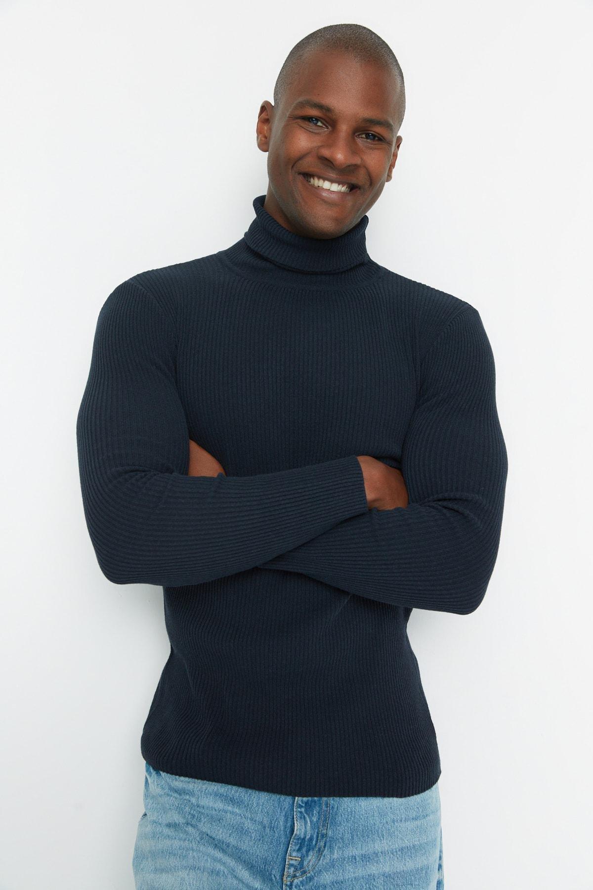 Navy Blue Slim Fit Cotton Turtleneck Ribbed Knit Sweater TMNAW20MG0031, single, , large image number 7