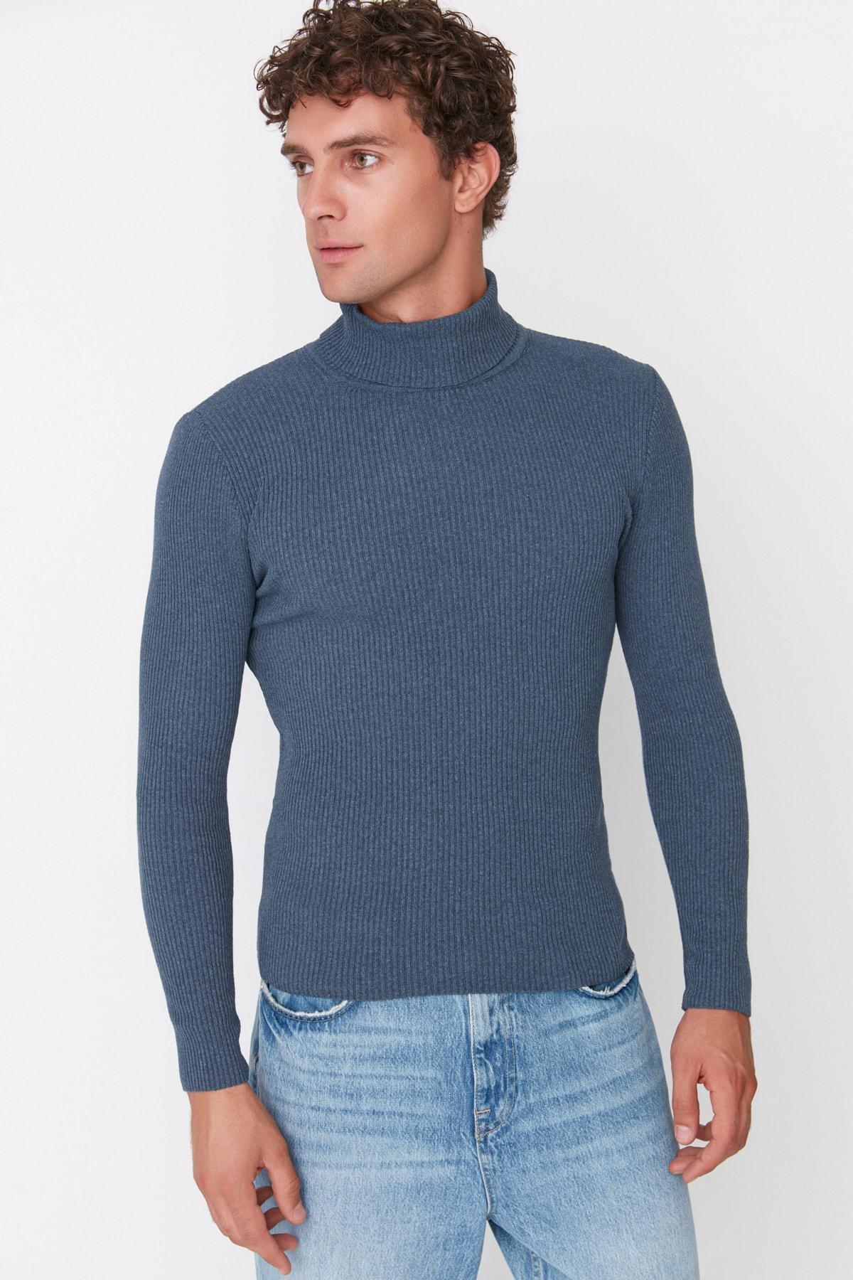 Navy Blue Slim Fit Cotton Turtleneck Ribbed Knit Sweater TMNAW20MG0031, single, , large image number 8