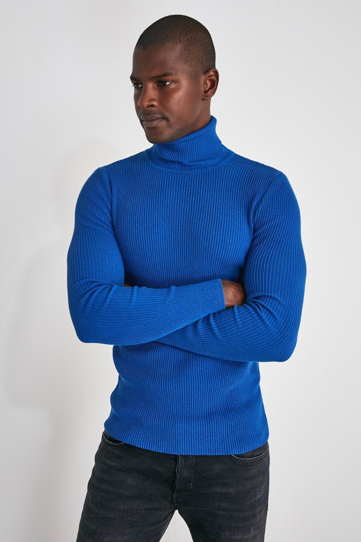 Navy Blue Slim Fit Cotton Turtleneck Ribbed Knit Sweater TMNAW20MG0031, single, , large image number 9