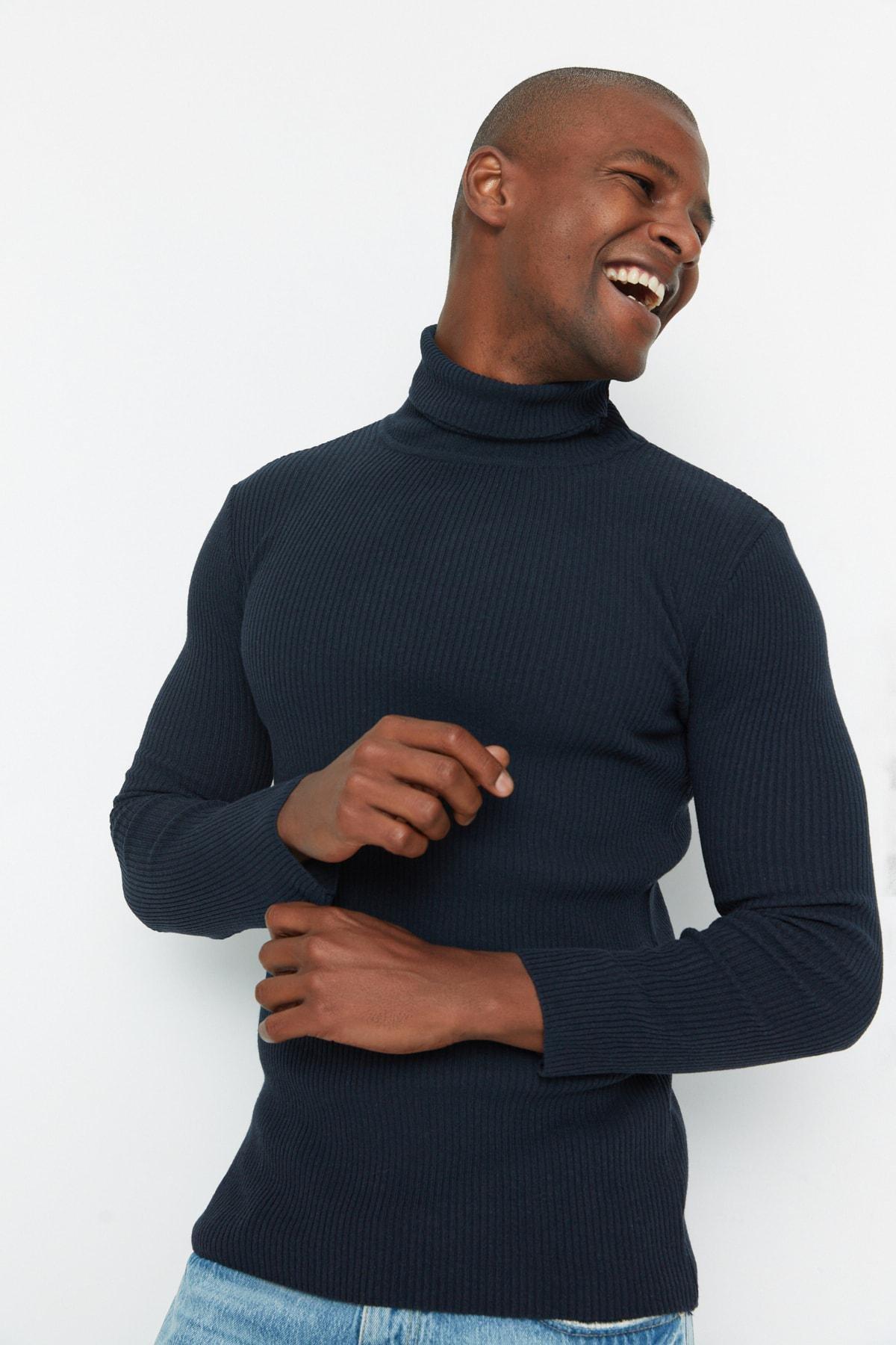Navy Blue Slim Fit Cotton Turtleneck Ribbed Knit Sweater TMNAW20MG0031, single, , large image number 10