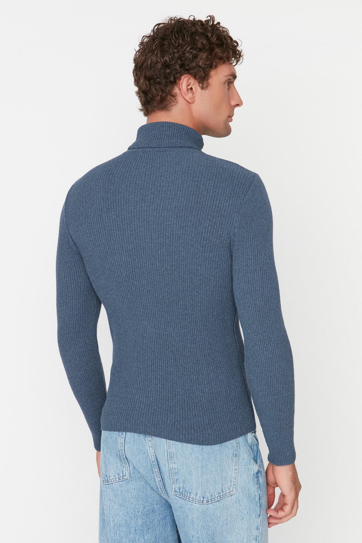 Navy Blue Slim Fit Cotton Turtleneck Ribbed Knit Sweater TMNAW20MG0031, single, , large image number 14