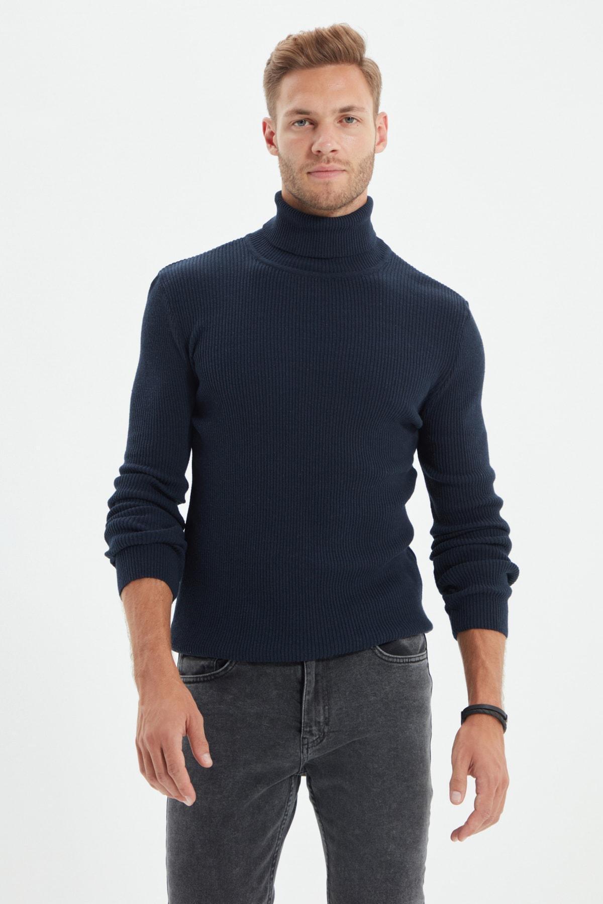 Navy Blue Slim Fit Cotton Turtleneck Ribbed Knit Sweater TMNAW20MG0031, single, , large image number 15
