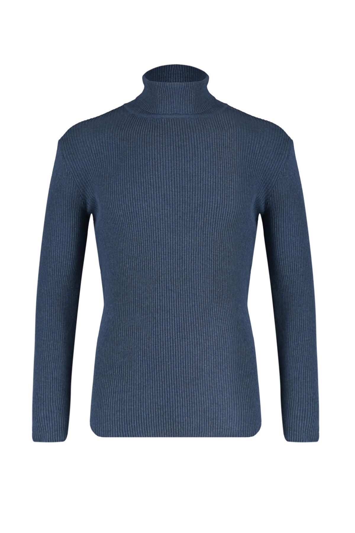 Navy Blue Slim Fit Cotton Turtleneck Ribbed Knit Sweater TMNAW20MG0031, single, , large image number 16