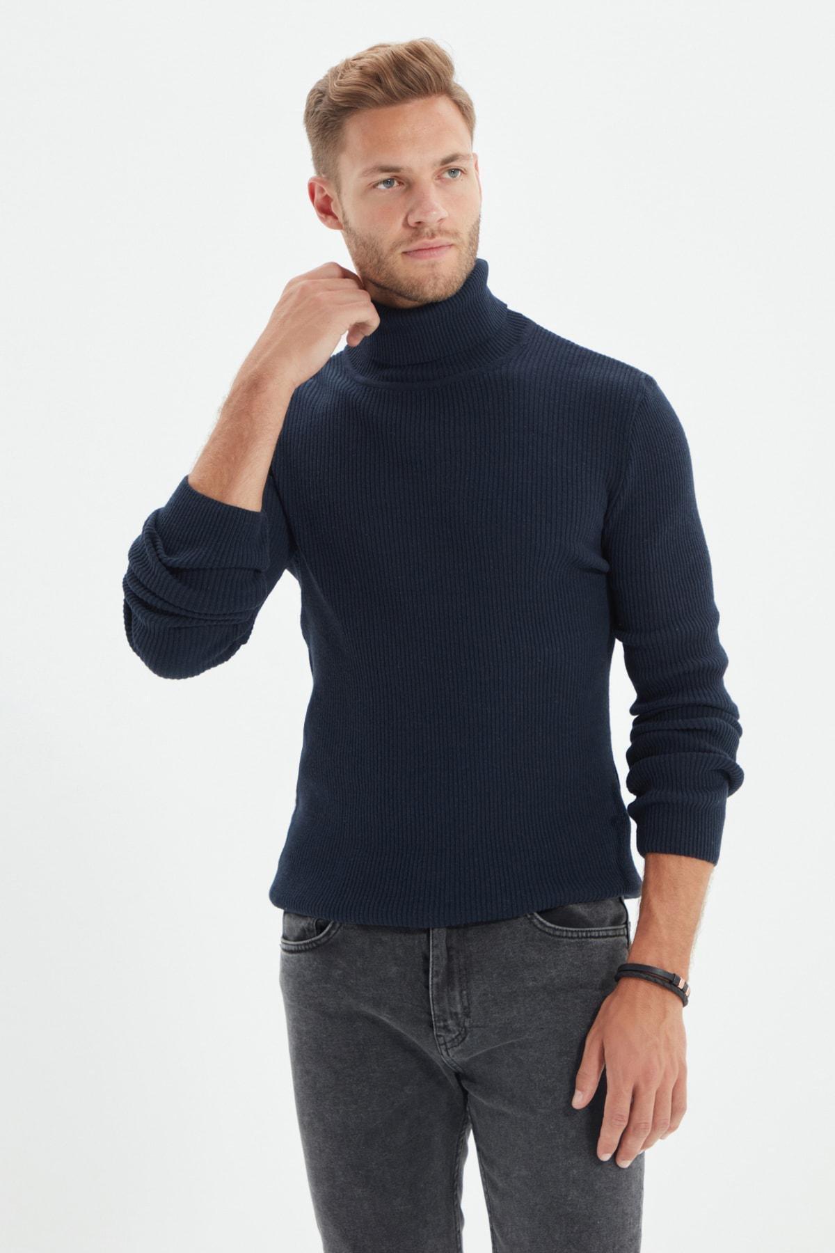 Navy Blue Slim Fit Cotton Turtleneck Ribbed Knit Sweater TMNAW20MG0031, single, , large image number 17