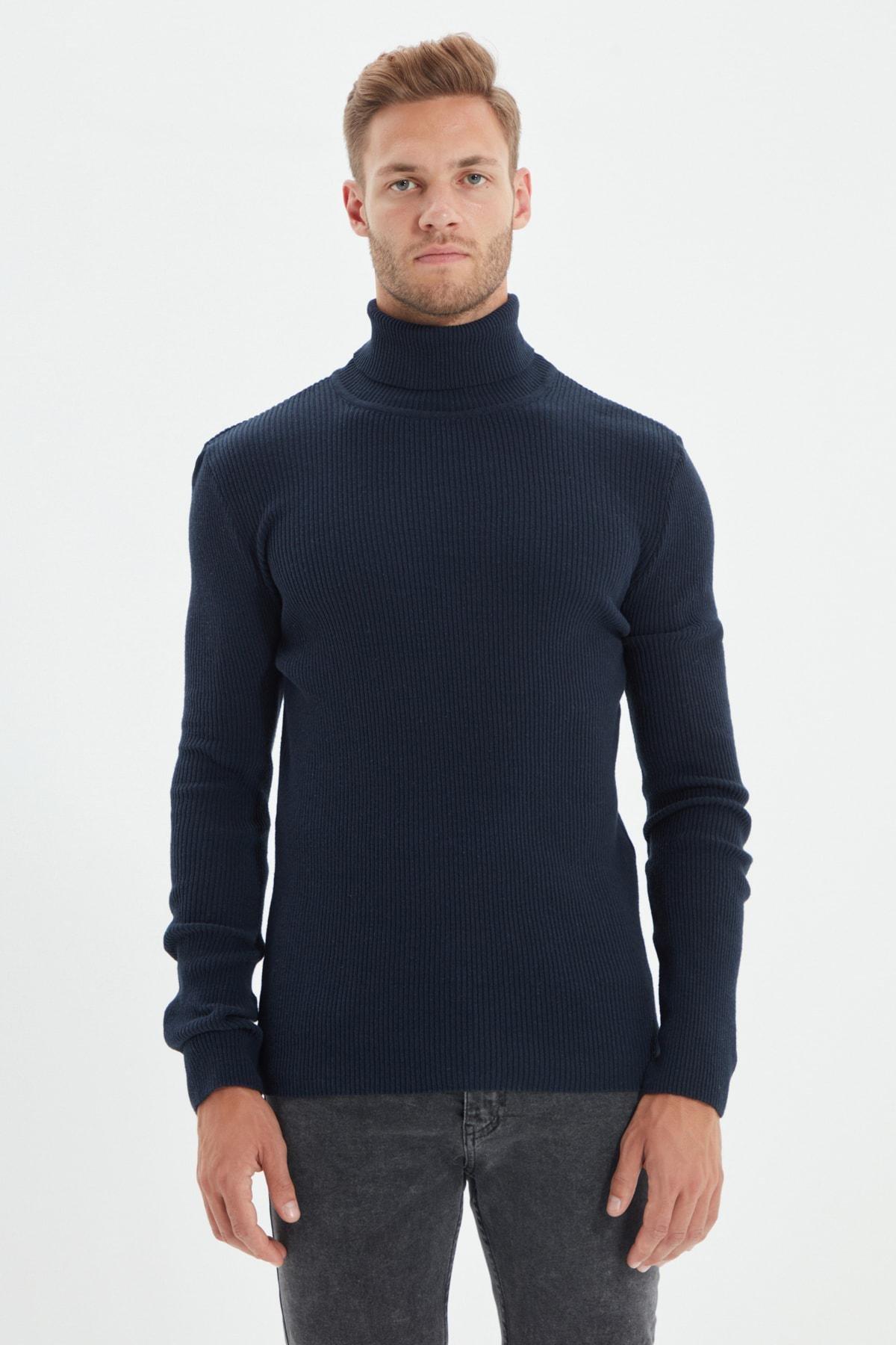 Navy Blue Slim Fit Cotton Turtleneck Ribbed Knit Sweater TMNAW20MG0031, single, , large image number 19