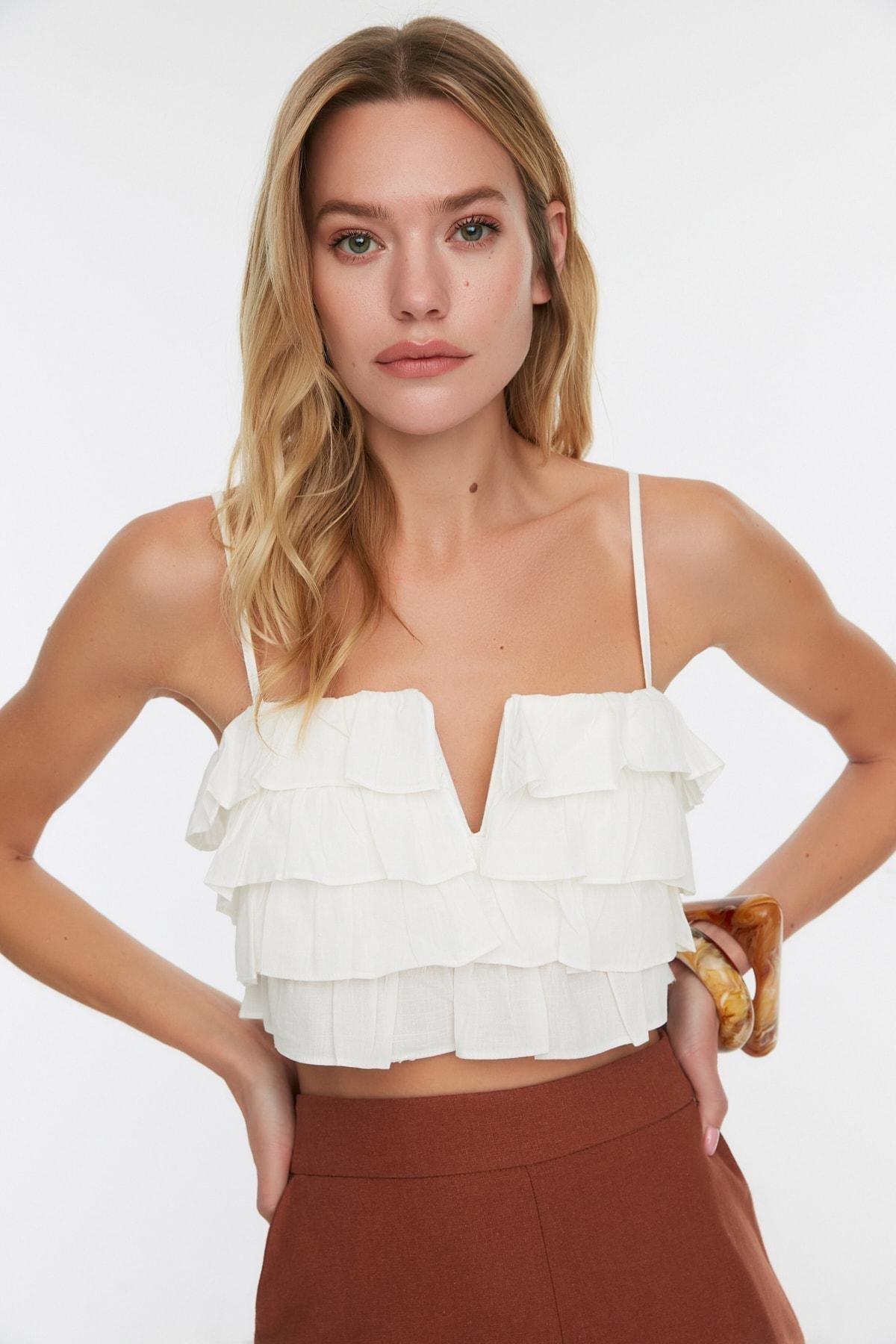 White V-Neck Blouse, White, large image number 1