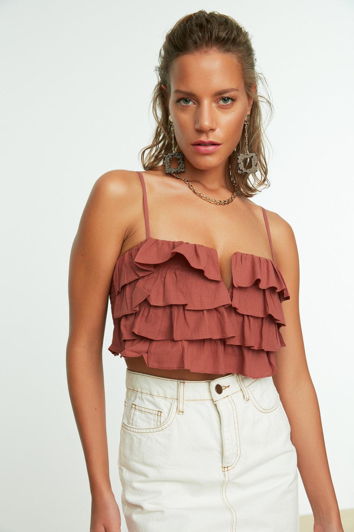 Brown V-Neck Blouse, , large image number 0