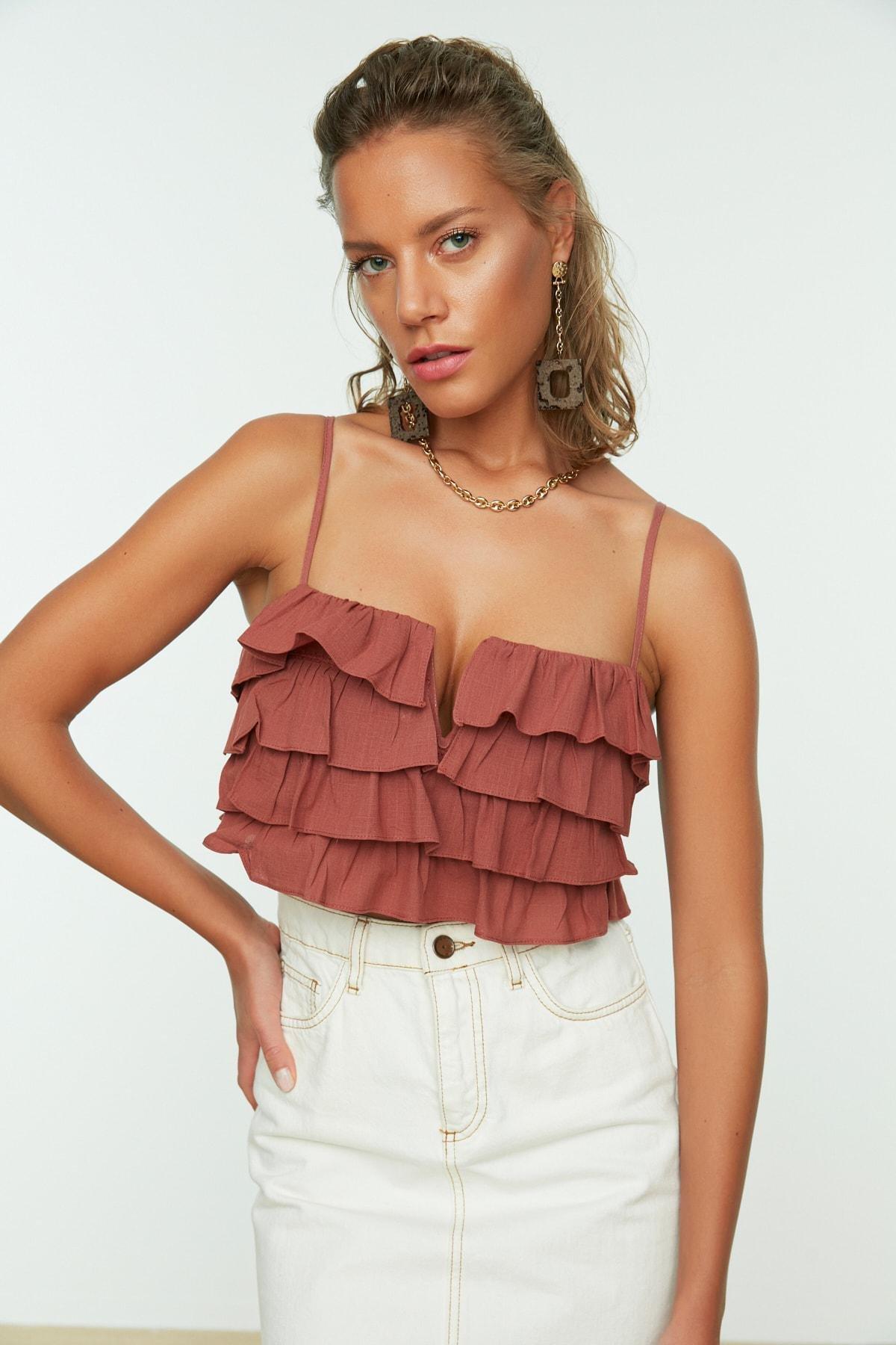 Brown V-Neck Blouse, , large image number 1