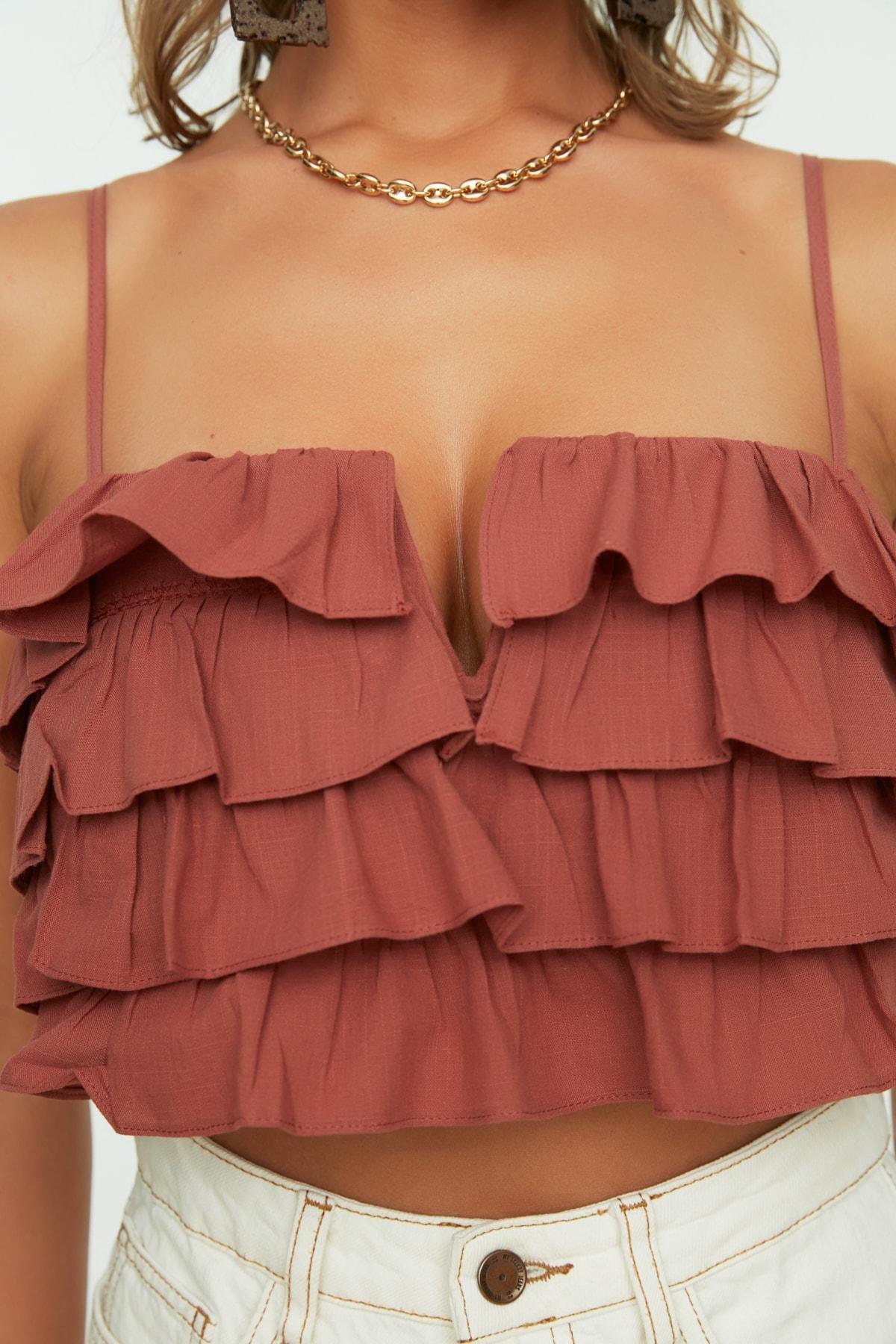 Brown V-Neck Blouse, , large image number 2