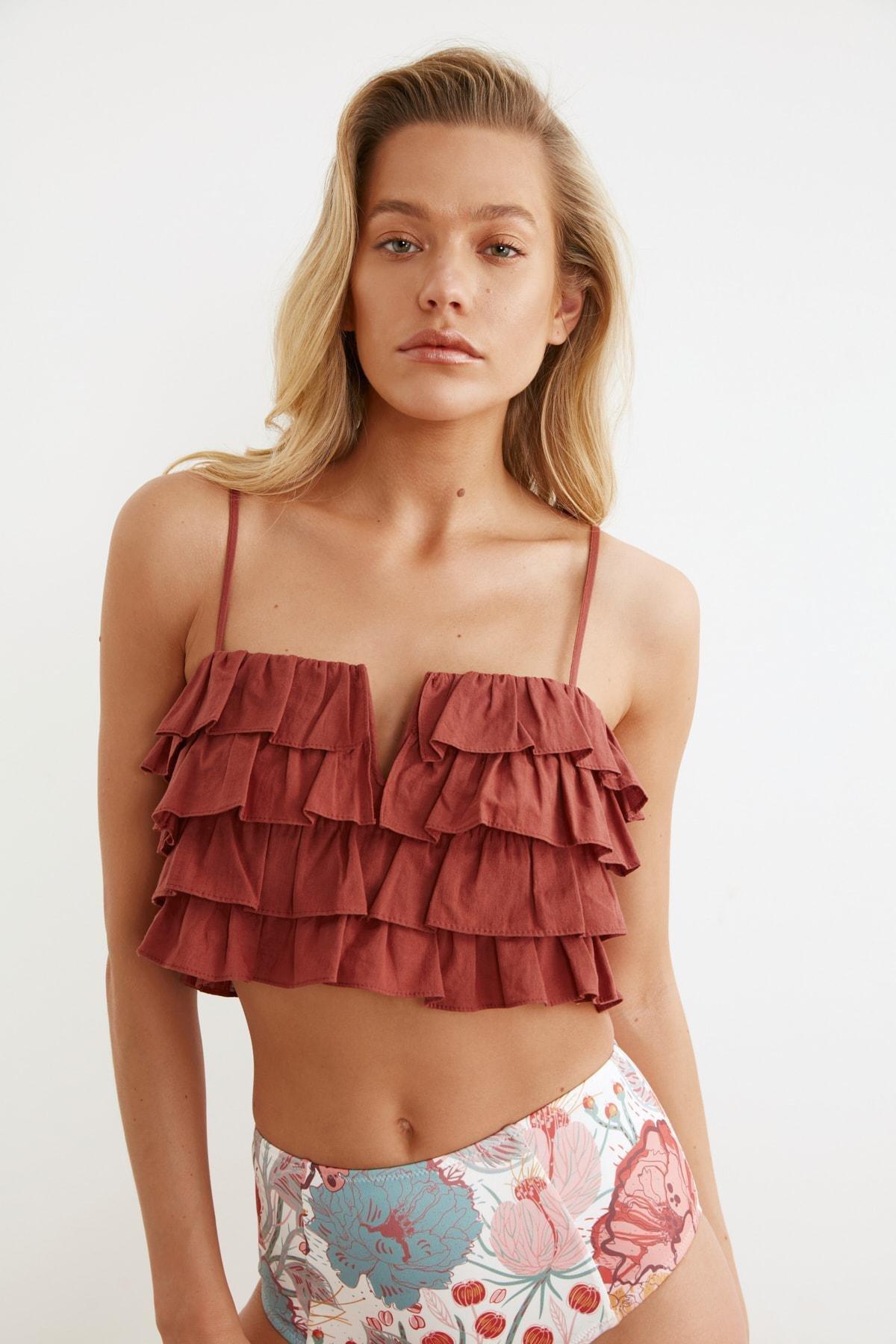 Brown V-Neck Blouse, , large image number 8