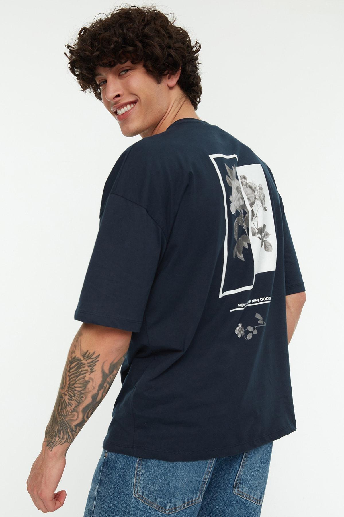 Navy Oversized Printed T-Shirt, Dark blue, large image number 4