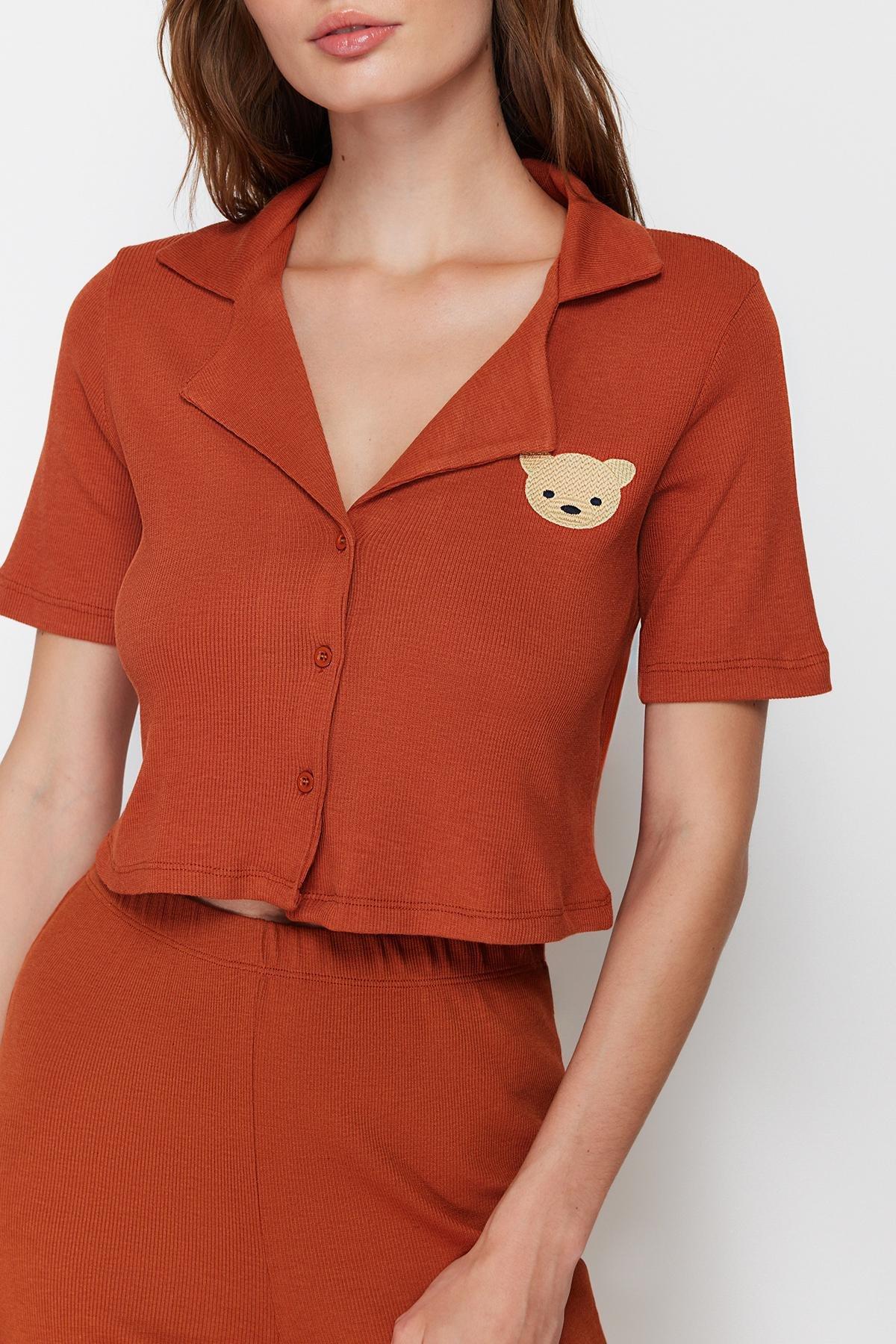 طقم بيجاما سادة بخصر متوسط الارتفاع، بني, Brown, large image number 4