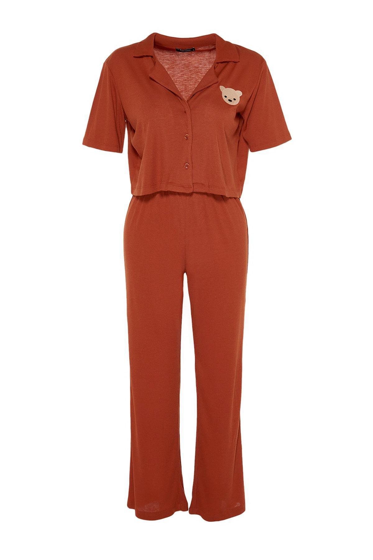 طقم بيجاما سادة بخصر متوسط الارتفاع، بني, Brown, large image number 5