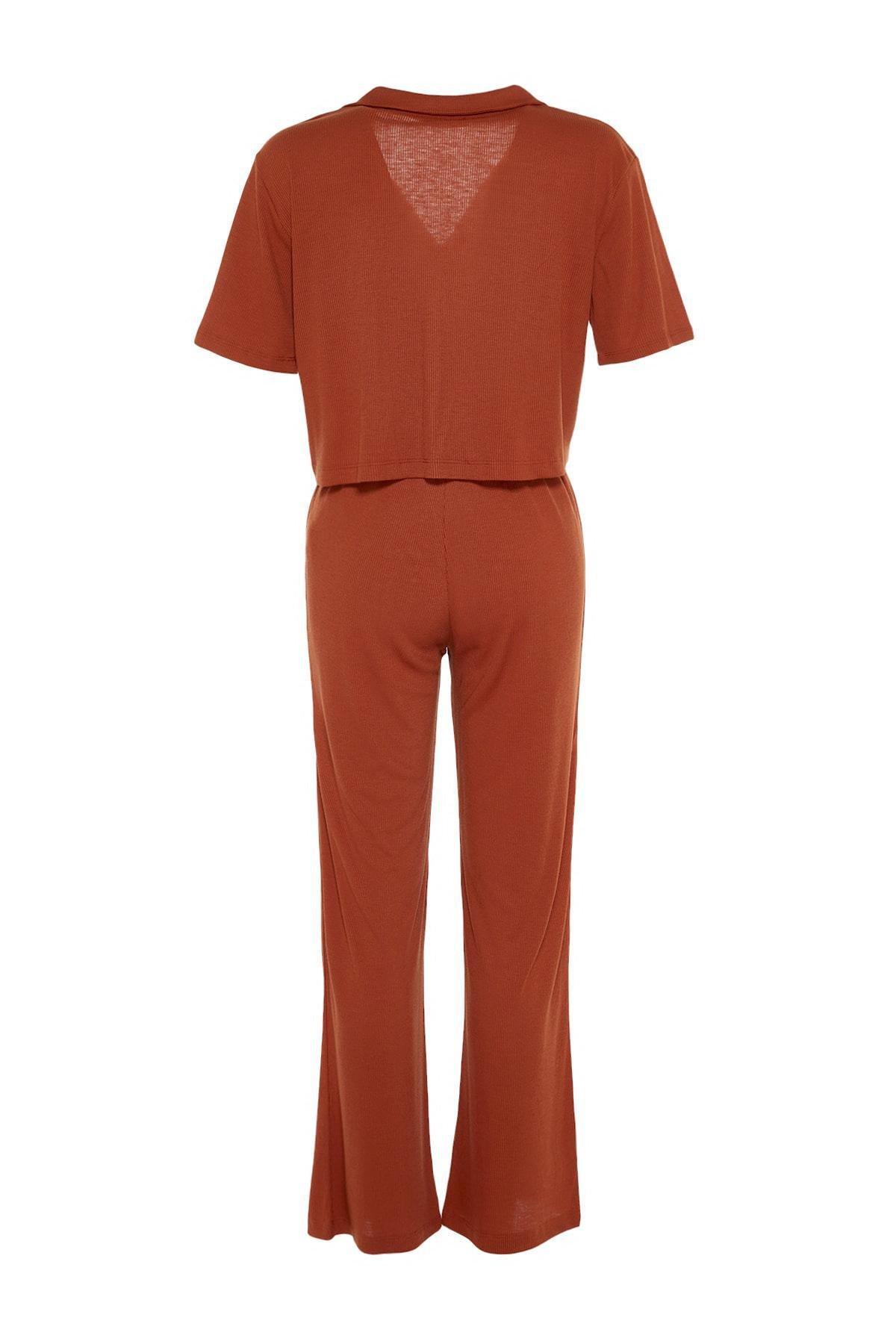 طقم بيجاما سادة بخصر متوسط الارتفاع، بني, Brown, large image number 6