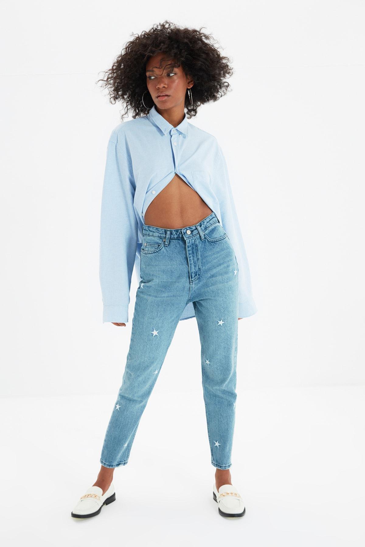 Blue High Waist Mom Jeans, , large image number 0