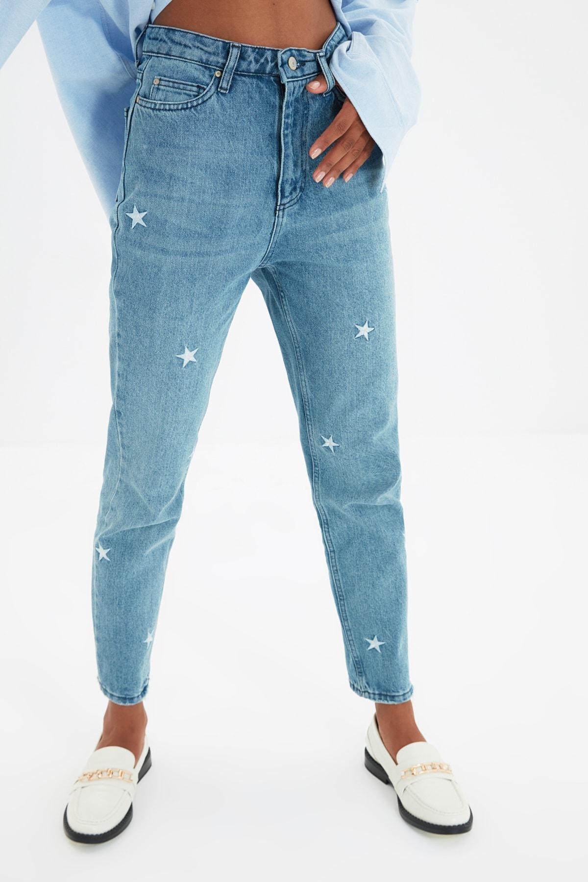 Blue High Waist Mom Jeans, , large image number 4