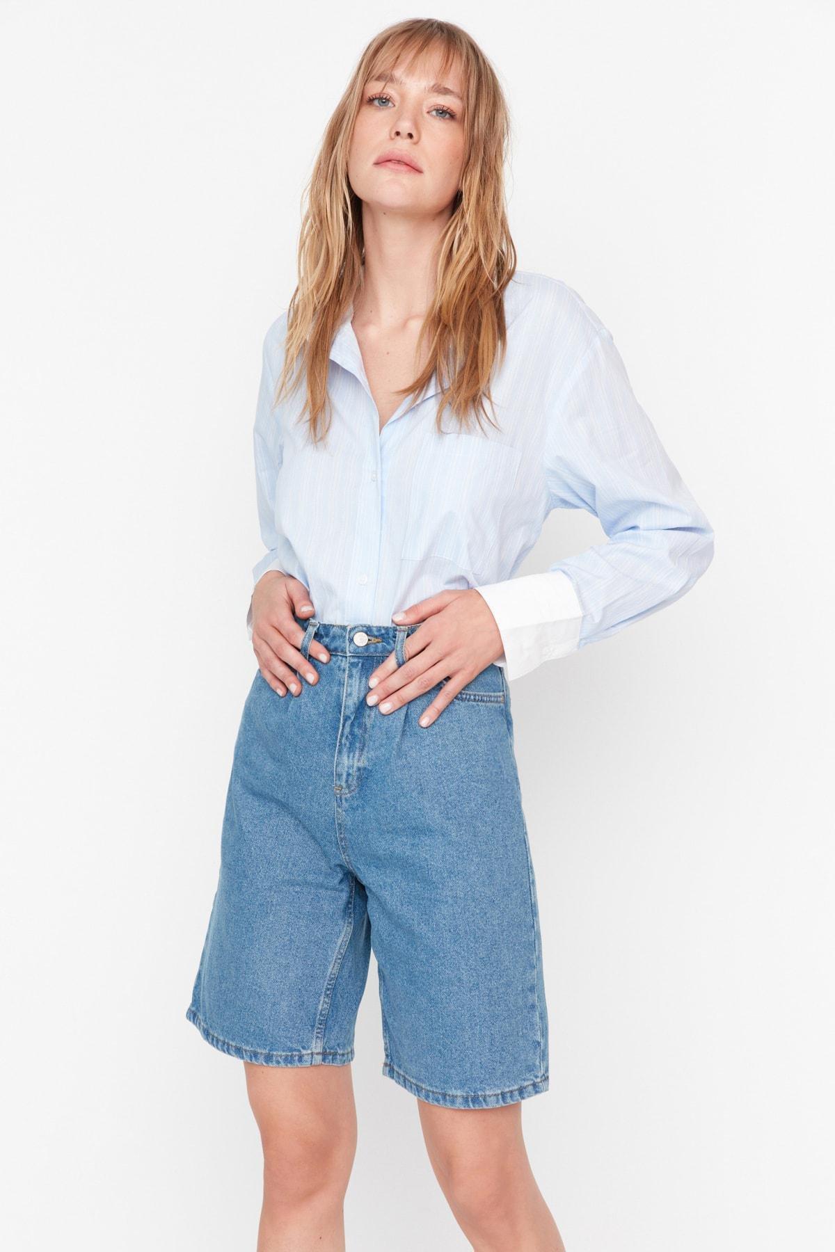 Blue High Waist Shorts, C101_7004, large image number 2